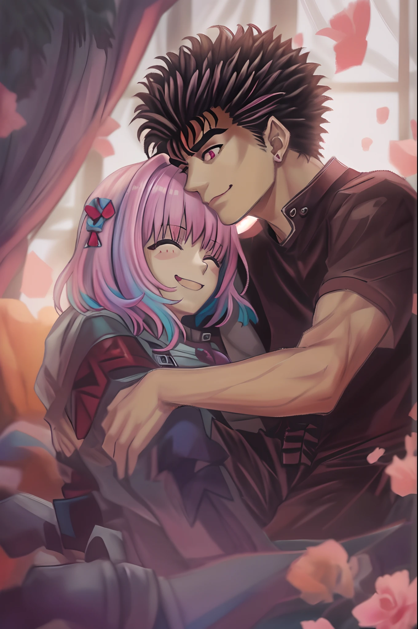 riamu,guts,couple,husband and wife,love dovey couple,sitting,hug,kiss,smile,(best quality,4k,8k,highres,masterpiece:1.2),mega-detailed,(,1.37),portraits,vivid colors,warm tones,soft lighting