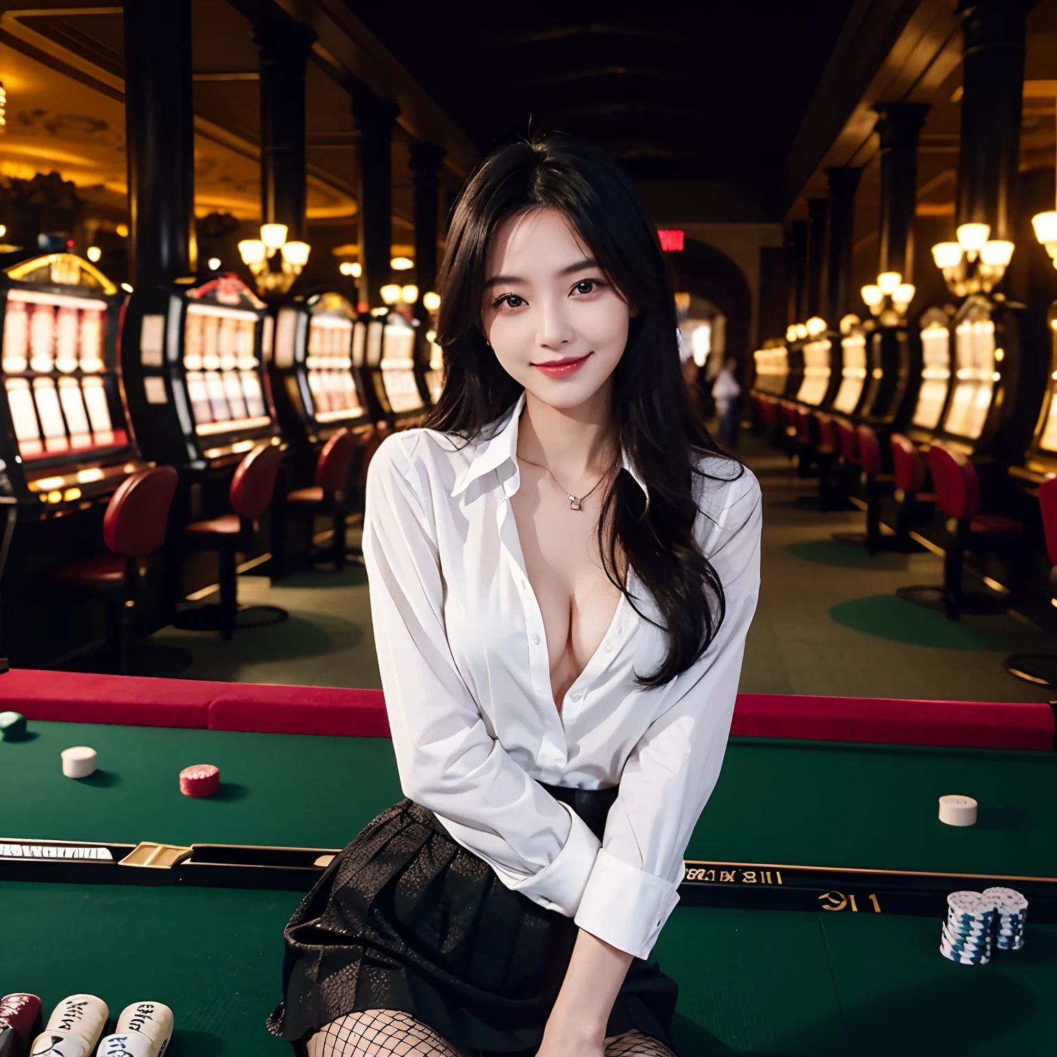 ​masterpiece，（（top-quality）），1人の女性，20yr old，long black hair to the waist，A smile，Detailed facial parts，Beautiful expression，watching at viewers，（（a small black ribbon around the neck）），（（White business shirt with open chest）），（（cleavage of the breast）），（（Black short skirt）），fishnet tights，Monaco Casino Background，Fantastic