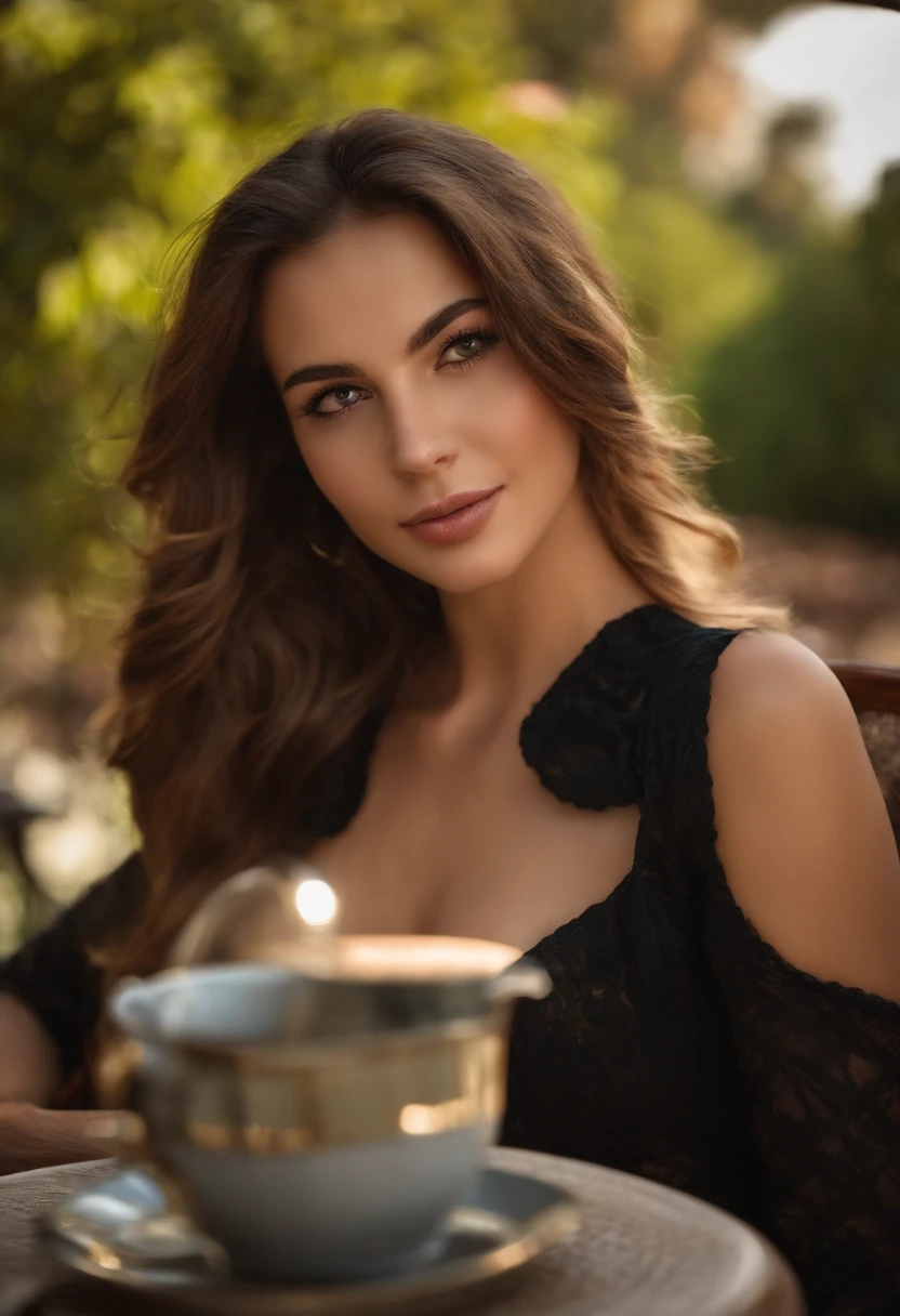 Pretty 19-year-old woman, Pelo largo, Tetas medianas, Mirando al espectador, cabello rubio, desnuda, sipping coffee, ojos marrones, jewely, cuerpo entero, Collar, labios, realista, nariz, flirting with the camera, Poros, maciza, Piel detallada, Poros, unretuschiert, 4K