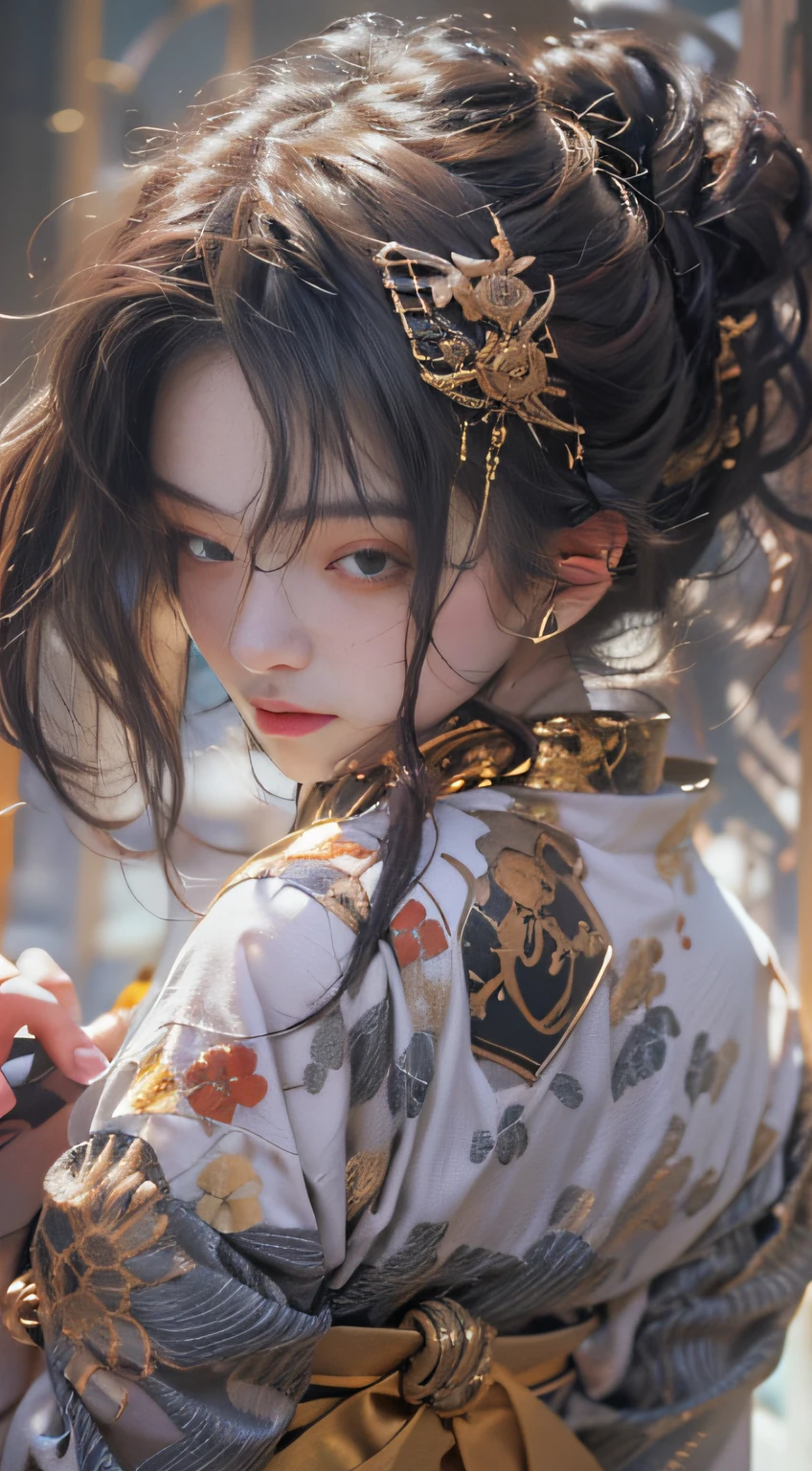(((32k,high detal,high-detail、masterpiece,Attention to detail,full body Esbian,独奏,1teens girl))),Raw photo & realistic atmosphere,beautiful dark blue eyes,Detailed mouth,Detailed eyebrows,Shine in every detail,Eyes drawn in detail、Very beautiful eyes with azure eyes,Detailed lips、Infinite reality, ,Brave samurai of the Sengoku period, bulky17 year old beautiful girl,Female samurai of the Sengoku period of Japan,flushed,Tremendously beautiful17-year-old Sengoku samurai beauty girl,(youthfulness,Pierce sad eyes,Serious beautiful look,Armor samurai of the Sengoku period,Sengoku armor,Armor of the Warring States Period,Black shiny hair,Chonmage,showing your whole body,Detailed crisp armor,Beautiful luxurious Sengoku armor,Armoured pockets,torso,small hand,Sandals,Shoulder to shoulder,Sengoku Warlord,Sengoku Daimyo,A beautiful girl strongly influenced by Ranmaru Mori,The image of the whole body turning red and black,Beautiful face like a princess:1.6),(The whole body is wet from the rain,Red-black liquid on the face,Red-black liquid on lips,Red-black liquid in armor:1.8)