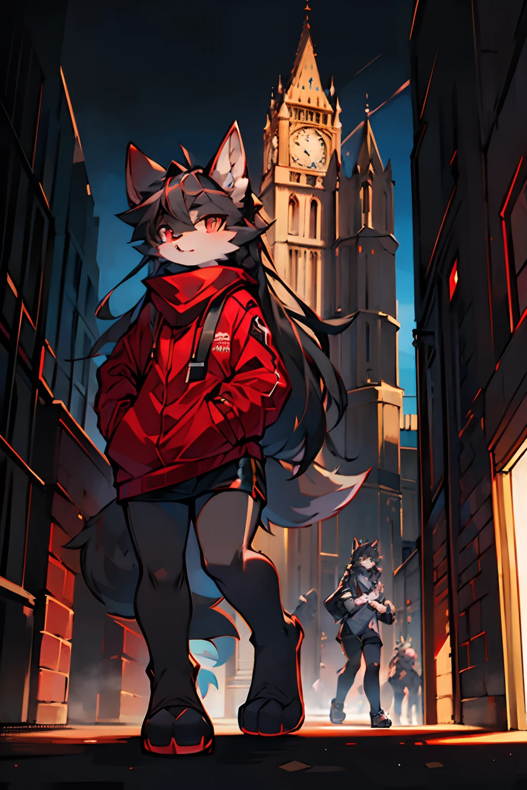 london, England, Twentieth century，gray wolf，Female，slender figures，Long thick black hair，There are two small braids，Run，Light gray，Black  shorts，Red coat，Black shirt，dark gray eyes，Put your hands in your shirt pocket，Wearing a red scarf，Handsome（A masterpiece）（high qulity）（Clear structure）（Clear lines）（Background of extreme detail）（extremelydetailedcharacter）