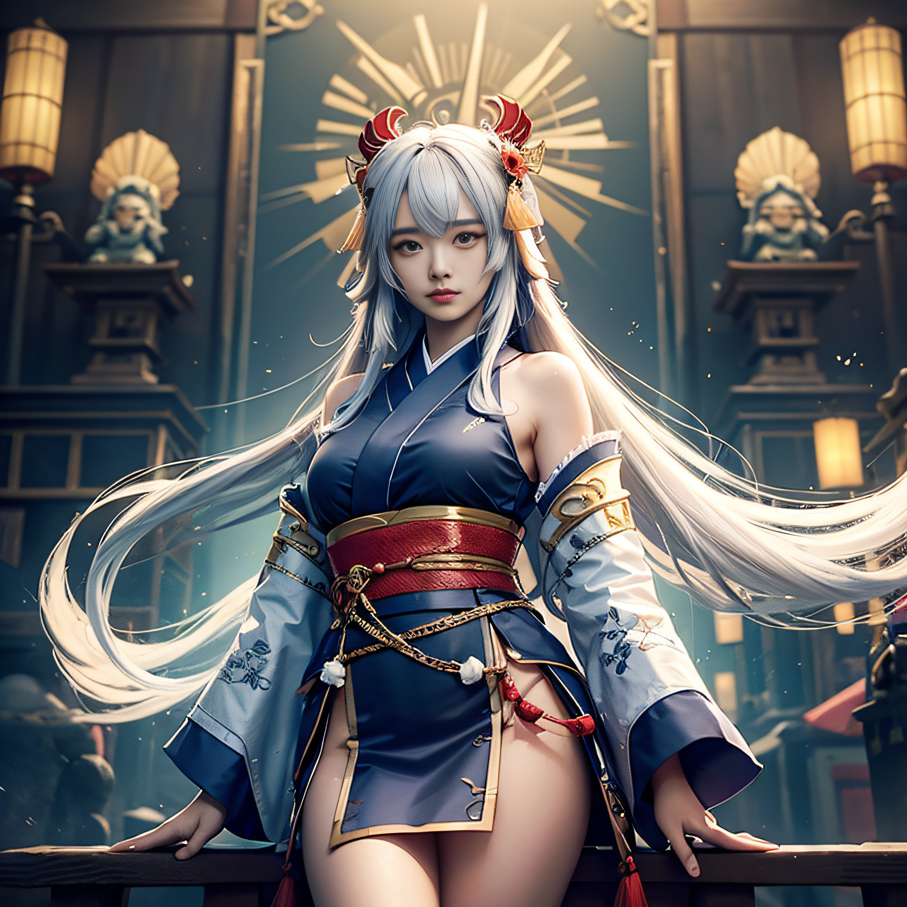 VISUAL STYLE: Detailed, GENRE: Masterpiece, ITEM(S): Very Beautiful Girl, TIME PERIOD: N/A, COLOR: White, ASPECT RATIO: 9:16, FORMAT: Digital, FRAME SIZE: Ultra High Resolution, LENS SIZE: N/A, COMPOSITION: unbuttoned kimono, white long hair, multicolored eyes, Sitting in the lotus position, hands pointing to the sides, LIGHTING: Dim, LIGHTING TYPE: Membranous, TIME OF DAY: Night, ENVIRONMENT: Exterior,  LOCATION TYPE: Starry Sky, SET: N/A, CAMERA: N/A, LENS: N/A, FILM/RESOLUTION: Ultra High Resolution, TAGS: Detailed Anatomy, Flawless Anatomy, White Socks, Short Socks, Tattoo, Mantra Reading, Big Fluffy Hare, Red Moon, Detailed Eyes, Eyes of Different Colors, Detailed Face, Nudity, NfsW, Halo Around Head, Bare Shoulders.