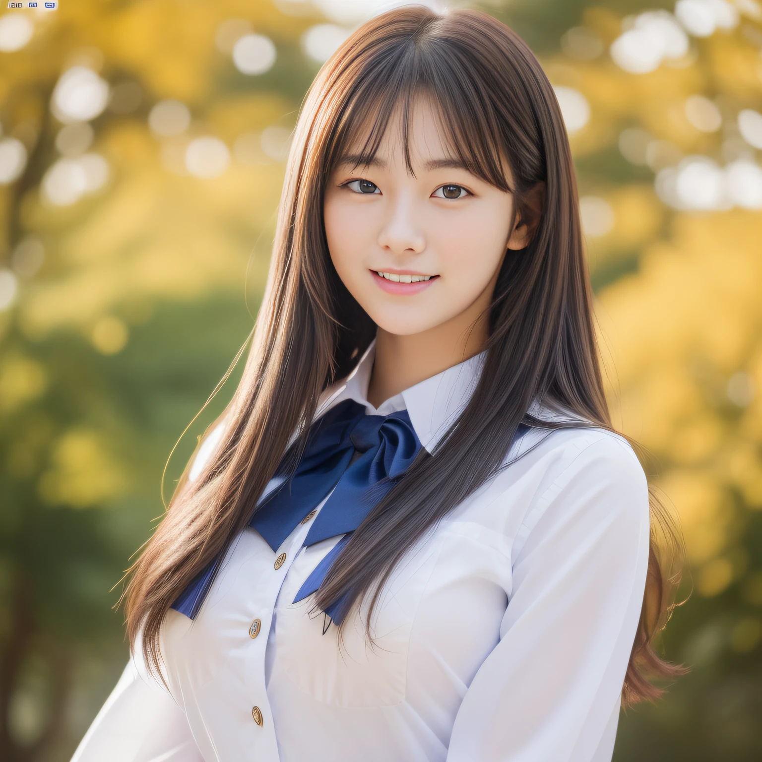 ((school uniform)),ribbon at neck,(school uniform and ((Plaid navy skirt)) and white shirt:1.1), Skin color, big , smile, (8k, RAW Photos, Highest quality, masterpiece:1.2), masterpiece, super detailed, super high quality, (Realistic and Realistic photography:1. 37), High-resolution RAW color photos, Very delicate and beautiful, highly detailed, 8k壁紙, wonderful, detailed, Very eye, very detailed, very detailed skin, very thin fingers, very detailed nose, very detailed mouth, Perfect Anatomy, Upper Body, studio, Soft lighting, A full-body shot of a cute idol wearing a one-piece swimsuit, Playful pose, Hands on hips, smile, Pastel Background, Realistic, Attention to detail, studio photography