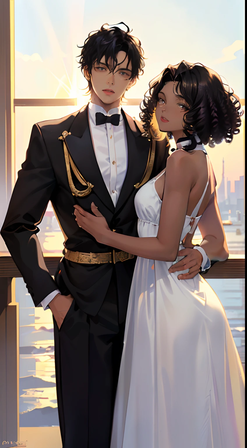 . 1 man and 1 woman, ((( boyfriend light skin color))) ((( male black hair ))) ( male straight hair) ((female light brown skin color))) (((female black curly hair))) (((woman latino nationality))) ((man American nationality)) ( handsome couple hugging each other ) (sun Horizon effect) (romantic couple) (the man has the age of 25) (the woman has the age of 18)