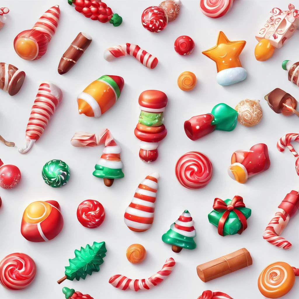 3D vector set of Christmas icons in the style of Ateigailan, Combine realistic and fantastical elements, Realistic and highly detailed rendering of Candy Core, low poly, Soft muted color palette, Watercolor separation type isolated on white background