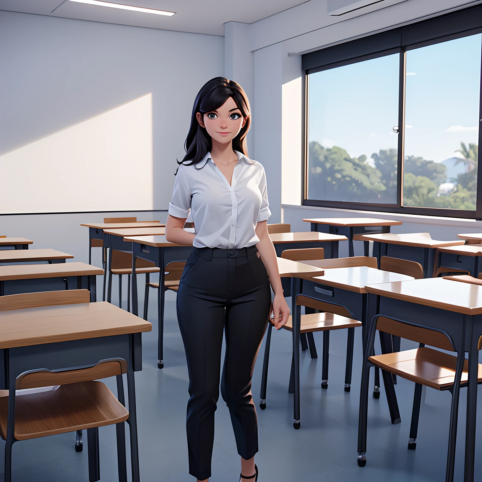 a 3D pixar style animation model photo of a teacher in class, uma mulher bonita requintada (master part, extremamente detalhado, best quality) vestindo jaleco branco  mangas curtas, black pants  (master part, extremamente detalhado, best quality), Wearing dynamic colors, wearing high heels, cabelos vermelhos, cabelos longos, cor dos olhos, amedosdos, Standing in a modern classroom detailed background (master part, extremamente detalhado, best quality), melhor realista, melhores detalhes, best quality, 16k, [ultra detalhado], master part, best quality, (extremamente detalhado), tiro ultra largo, fotorrealismo, The room is illuminated with bright light, profundidade de campo, 3D animation rendering,