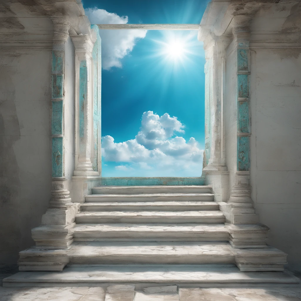 large square window,two sides open to the turquoise blue sky with a white sun between clouds,transparent staircase ascending to the heavens