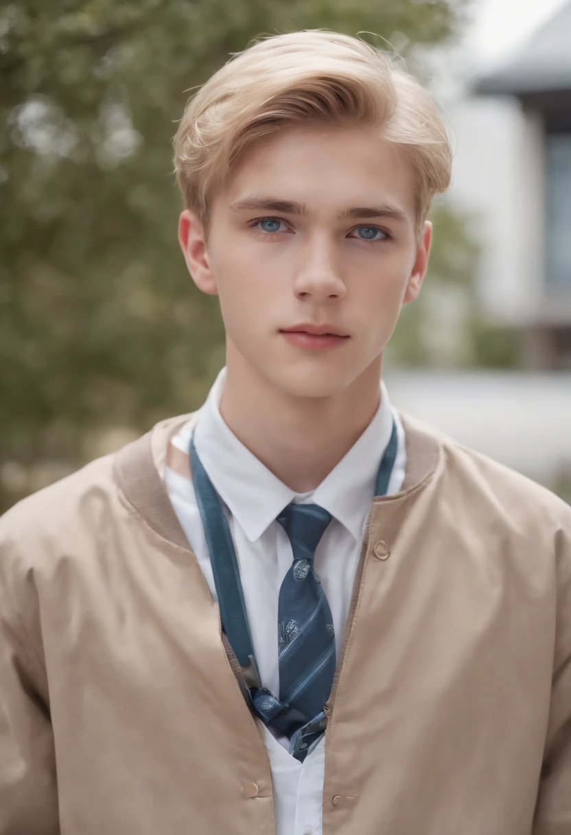 Hyperrealistic, Boy student, Student uniform,20 years old, handsome,School uniform blue eyes, blond hairbl, 8K, Teenage uncensored,Cowboy shot, big chests