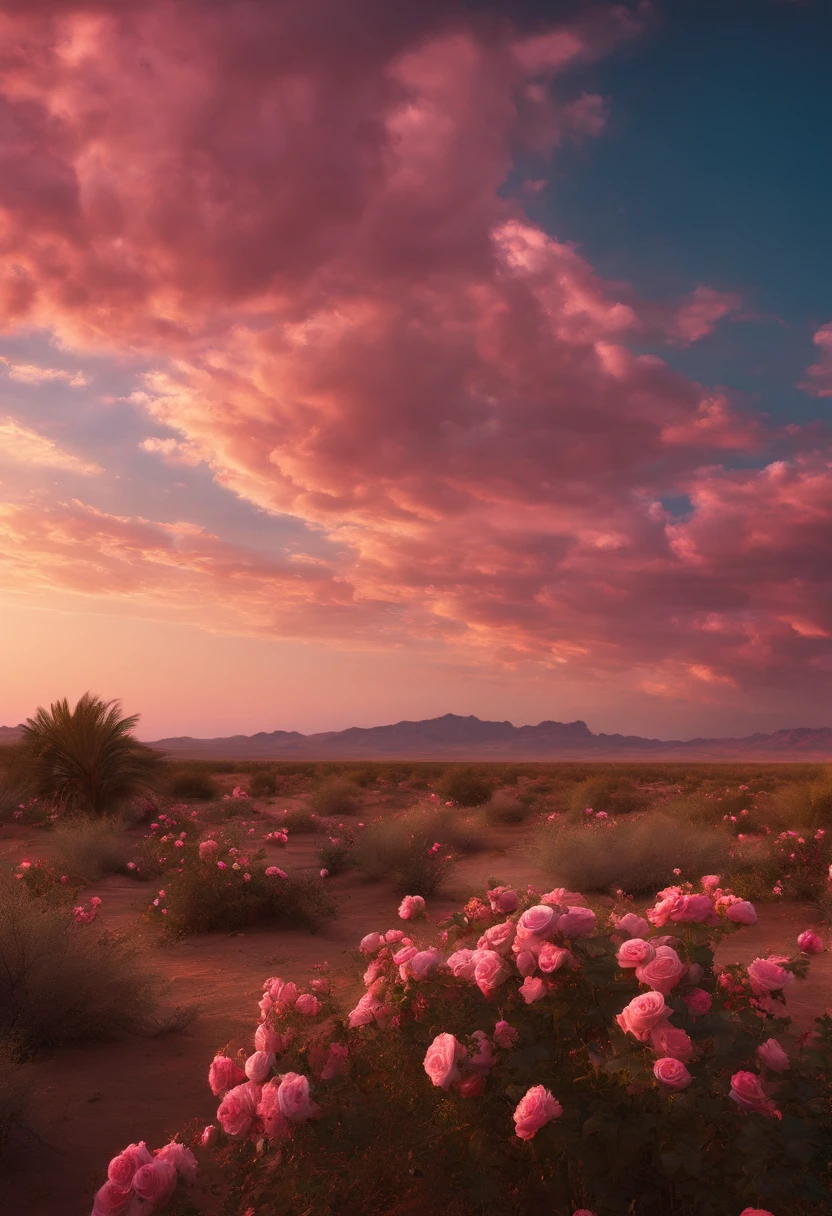 Summer, desert, pink clouds, a land overgrown with roses, James Gurney, art station rendering, ultra-wide lens, high definition