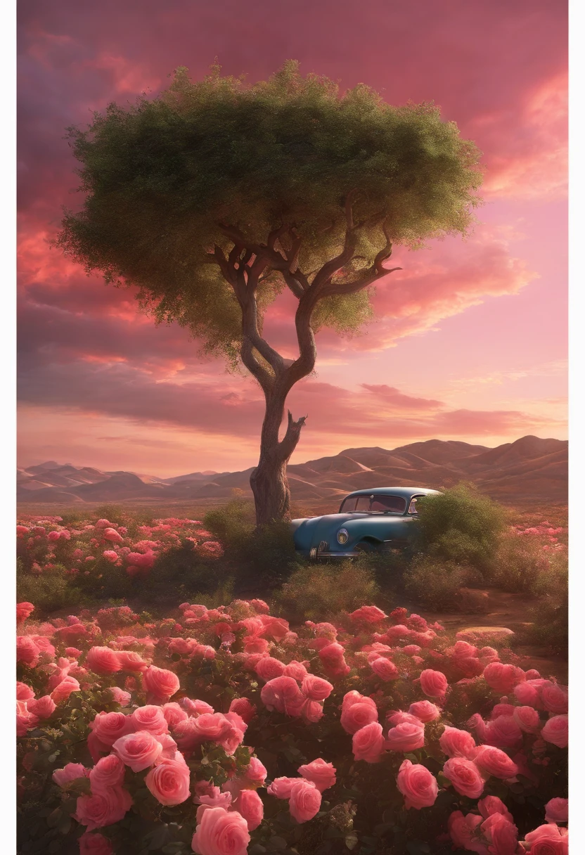 Summer, desert, pink clouds, a land overgrown with roses, James Gurney, art station rendering, ultra-wide lens, high definition