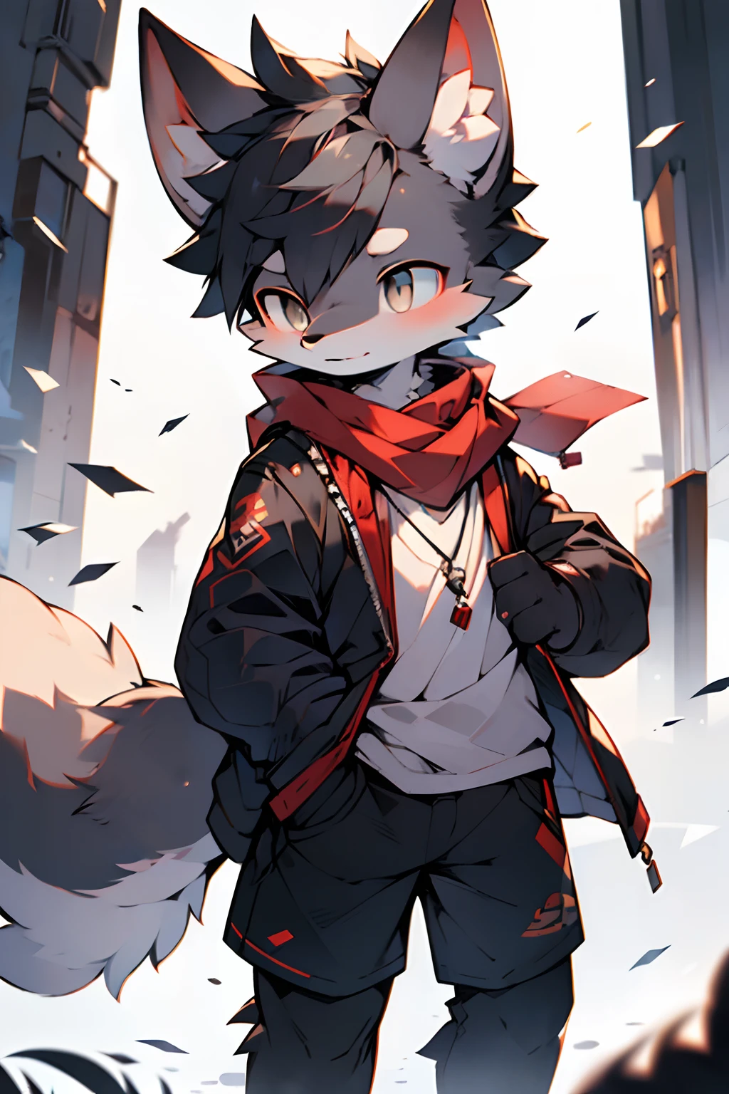 london, England, Twentieth century，gray wolf，Female，slender figures，Long thick black hair，There are two small braids，Run，Light gray，Black  shorts，Red coat，Black shirt，dark gray eyes，Put your hands in your shirt pocket，Wearing a red scarf，Handsome（A masterpiece）（high qulity）（Clear structure）（Clear lines）（Background of extreme detail）（extremelydetailedcharacter）