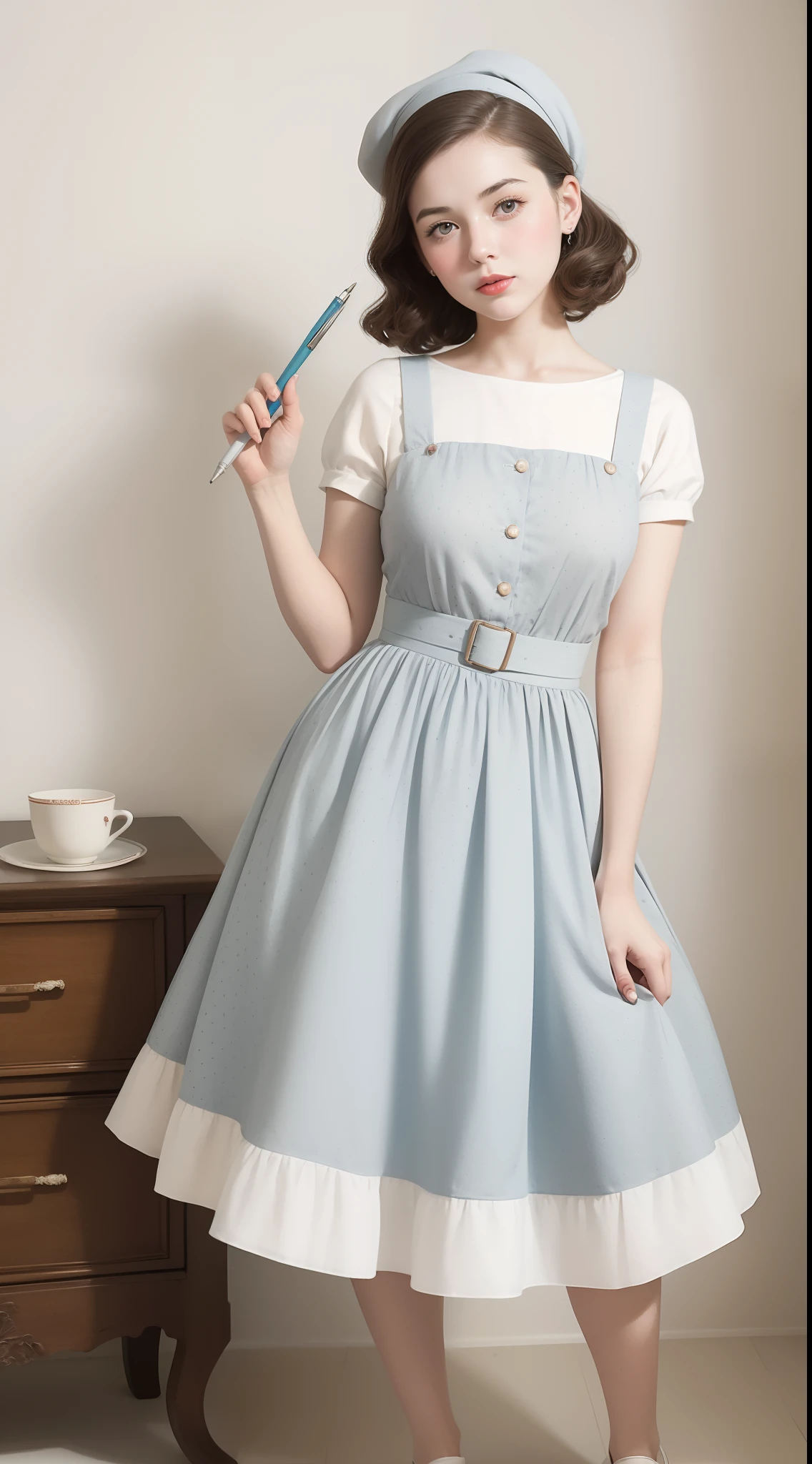 minimalist, 1950s Watercolor, Pen and Ink, a 25 years old girl in retro fashion, pin-up style, full body shot, depiction of rural life, light gray and light brown and red and white and blue, in the style of classical American, mottled, playful innocence, white dotted, cutout from white background, in the style of Norman Rockwell, masterpiece art work.