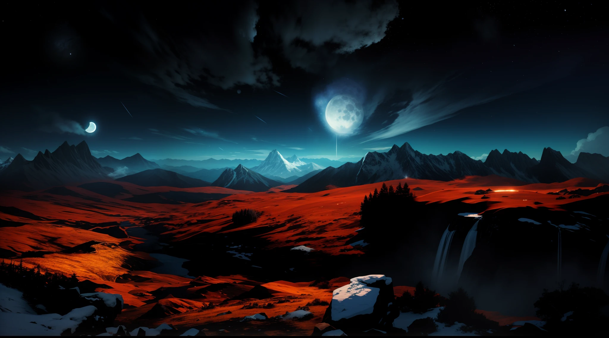 Mountains with the moon and starry sky as the background, the night，starrysky，meteors，Bleak