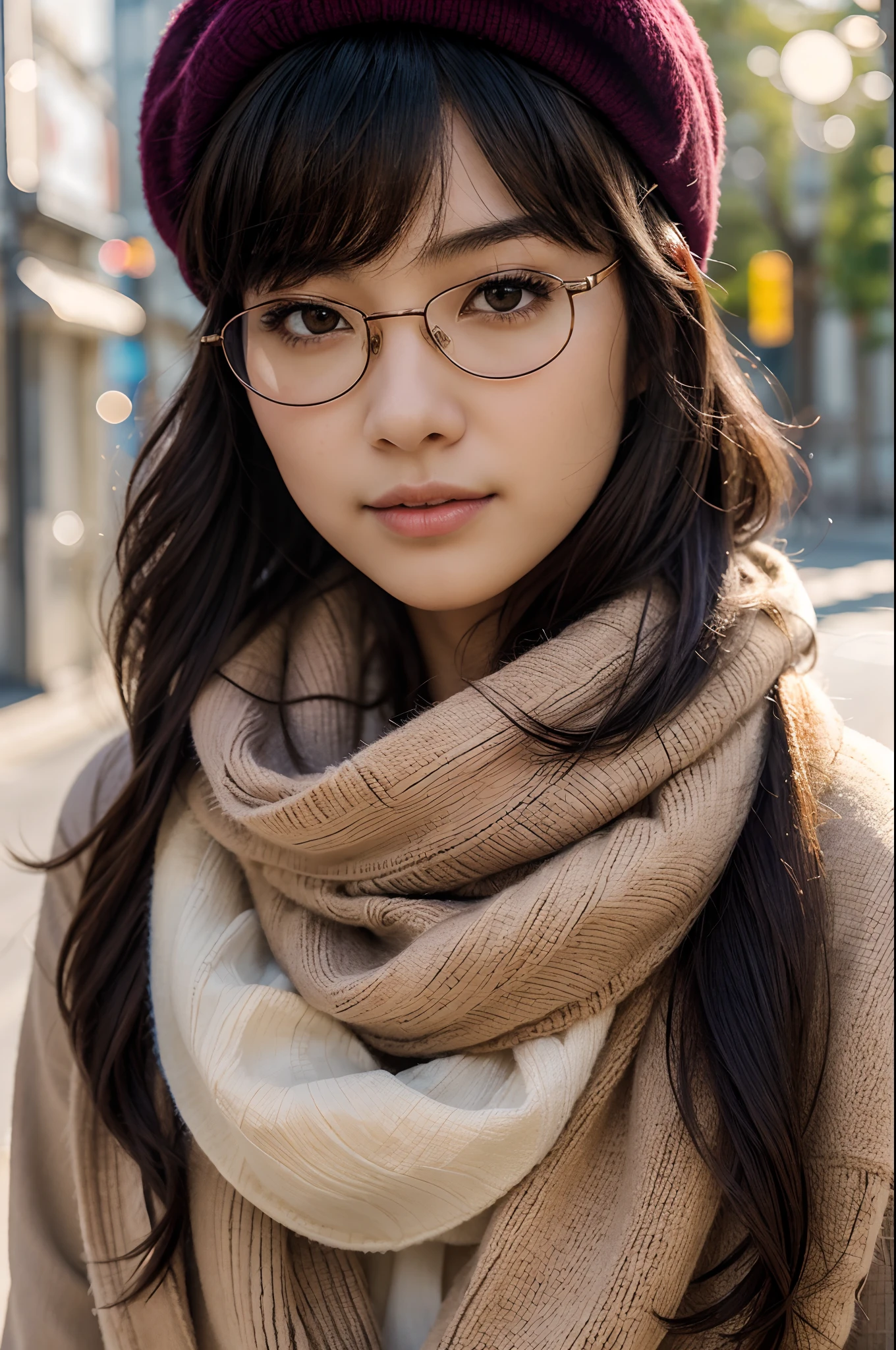 ((solo)), masterpiece, 1girl, young japanese woman, blush, perfect illumination, wavy short black hair, brown eyes, sunlight, extremely detailed face, bangs, bright light skin, close-up portrait, rimless glasses, furry scarf, beret, colorful, summer, casual clothing
