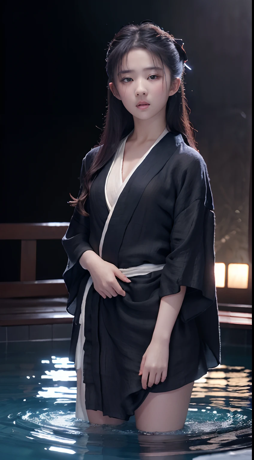 ((Best quality, 8K, Masterpiece :1.3)), Sharp focus:1.2 , Photorealsitic,(Cinematic lighting),Facial detail texture. Eye details. Double eyelids, Slender body. Super small breasts, , photo-realistic:1.37,Perfect eyes, ((1 Girl in a black yukata)),(white sash),(Thick fabric),((Ragged linen)),With a petite figure,brunette color hair,Long hair draped loosely,Qi bangs,Stand in a cold pool,Full body like,Clothing covers the whole body,folds,((solid color backdrop)),is shy,Be red in the face