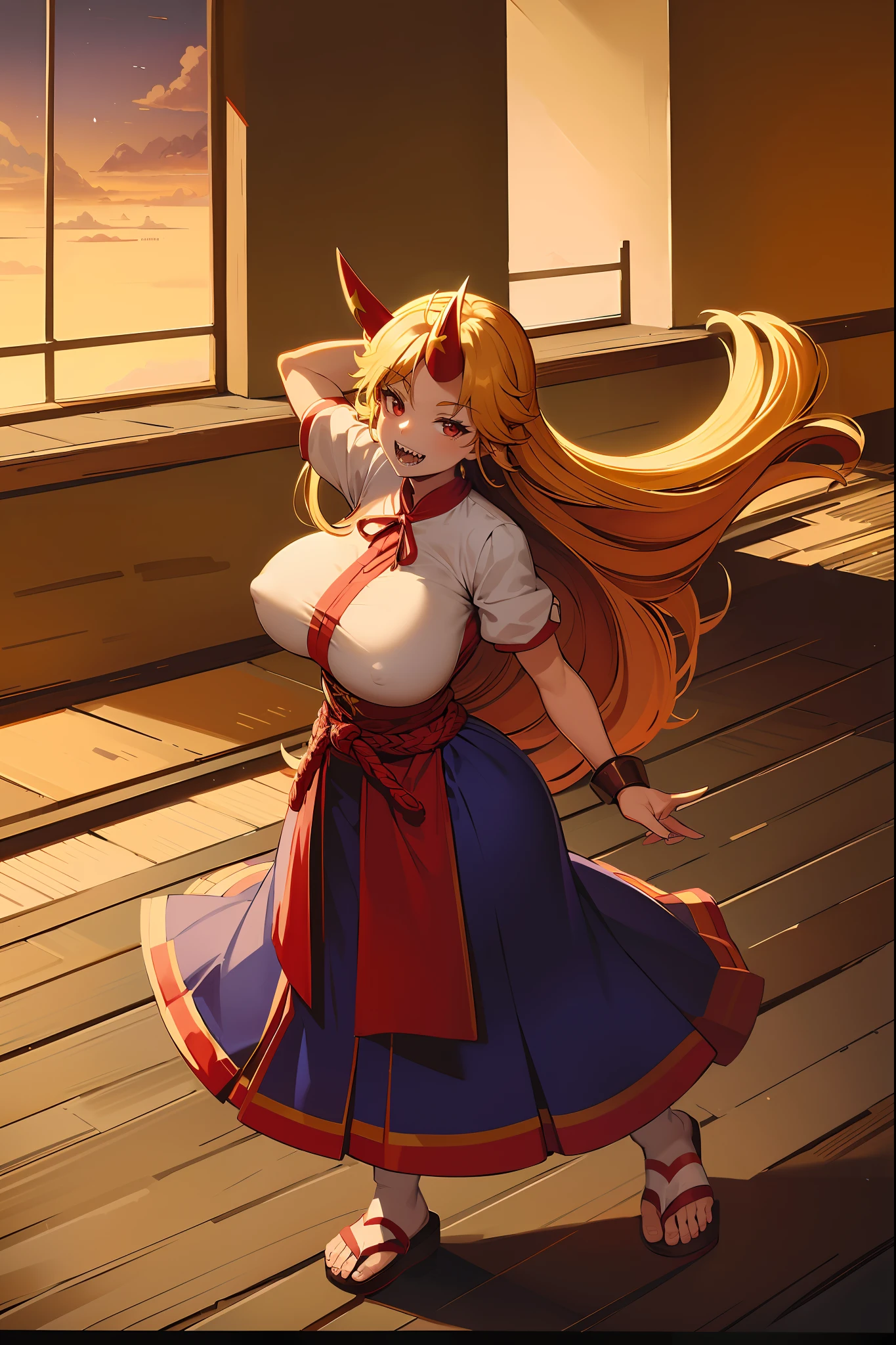 hoshiguma yuugi, european medieval cloths, crazy smile, big breast, large skirt, long skirt, flipflops, full body, standing, medieval clothing,vintageillustration, martial arts, long skirt,(best quality,4k,8k,highres,masterpiece:1.2),mega-detailed,(,1.37),portraits,vivid colors,warm tones,soft lighting, sharpteeth open mouth ,smile