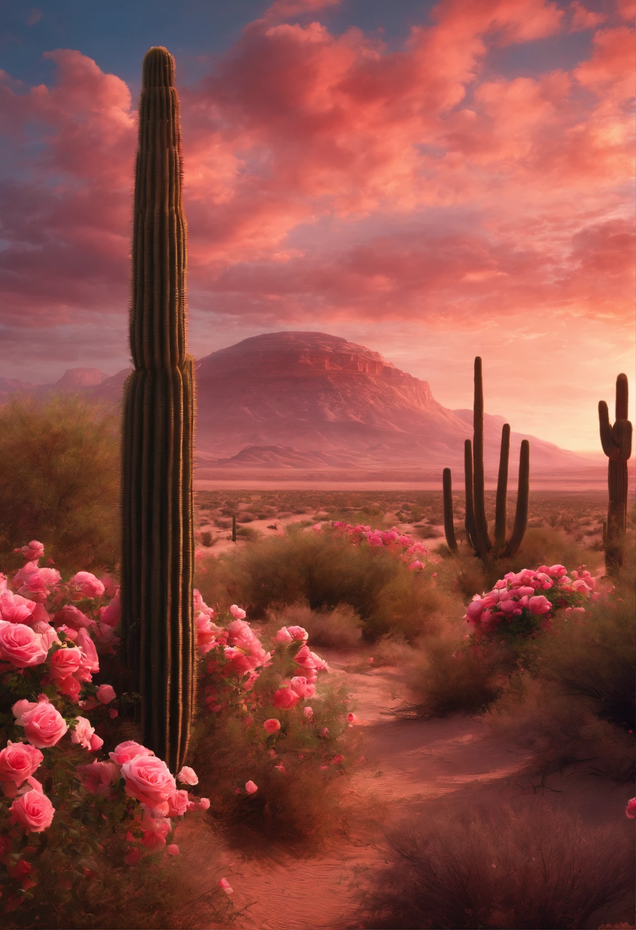 Summer, desert, pink clouds, a land overgrown with roses, James Gurney, art station rendering, ultra-wide lens, high definition