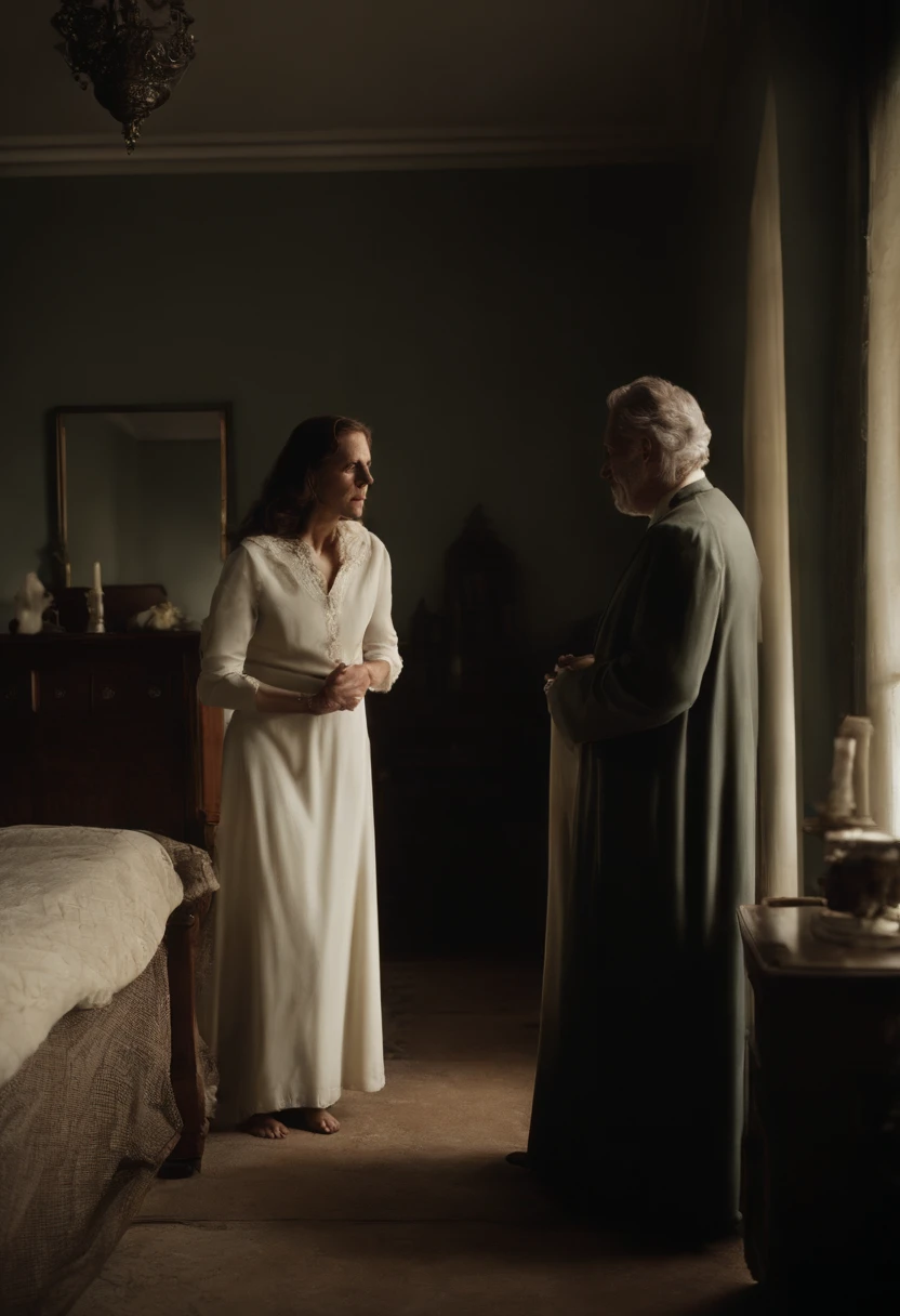 Gary Thomas el sacerdote, y Angela rezando de rodillas, After the exorcism is successful, en su apartamento en 2005. El estilo es hiperrealista, fotorrealista, cinematography, Hermoso UHD