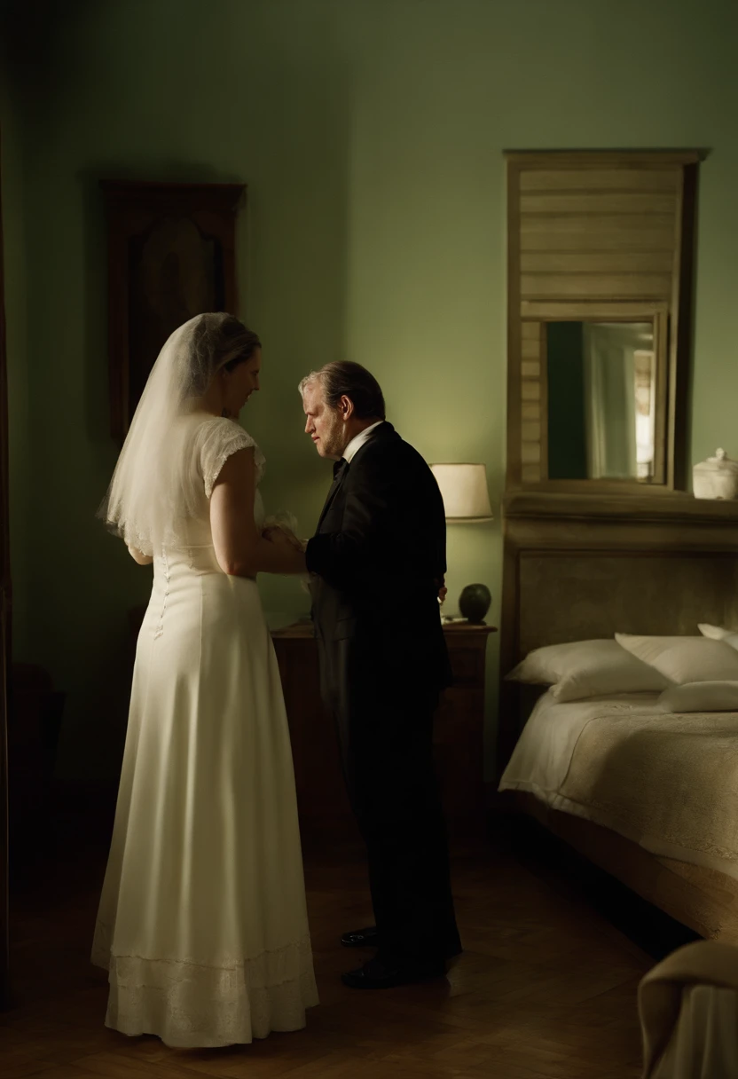 Gary Thomas el sacerdote, y Angela rezando de rodillas, After the exorcism is successful, en su apartamento en 2005. El estilo es hiperrealista, fotorrealista, cinematography, Hermoso UHD