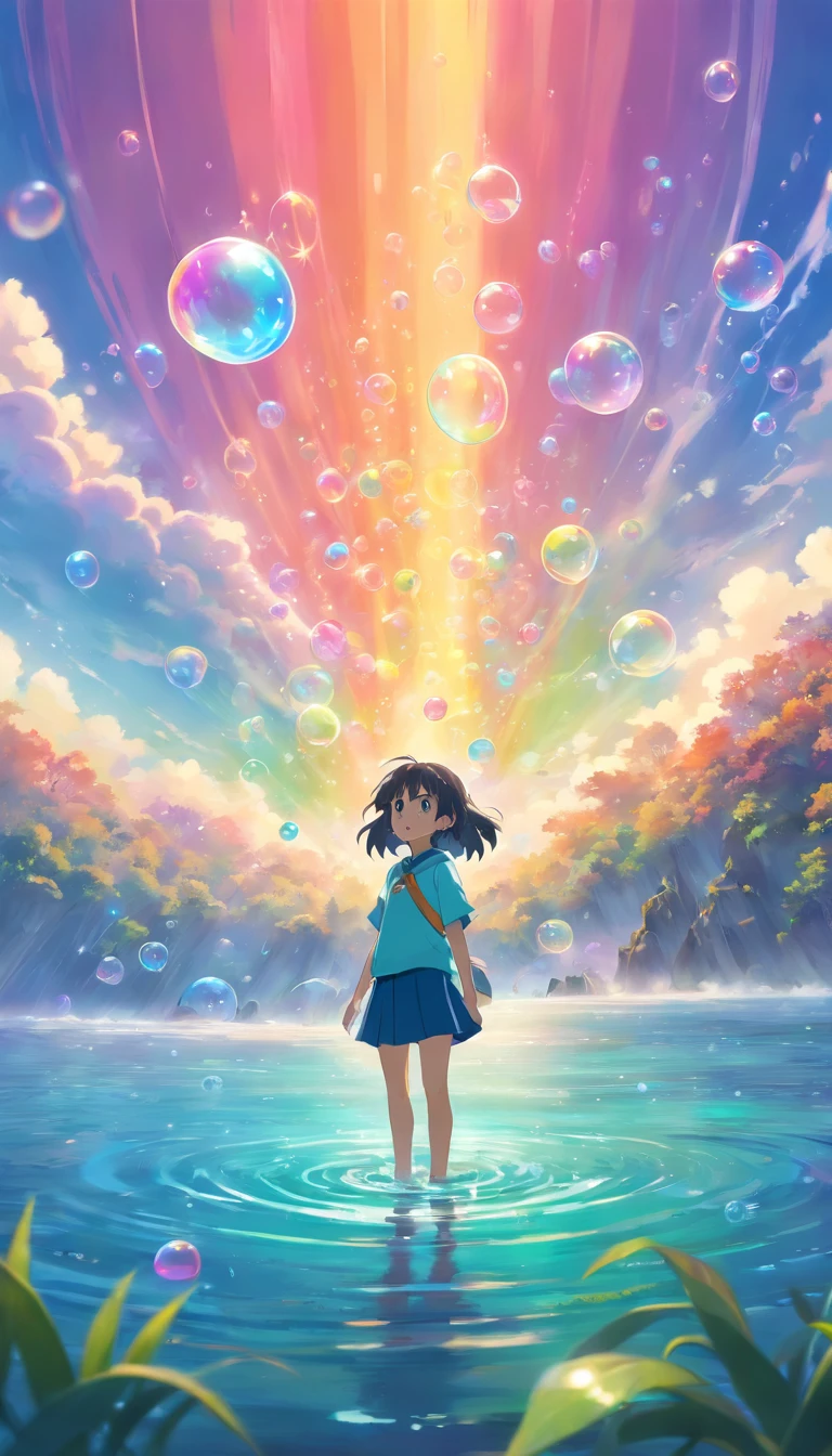 cute rainbow bubble monster, creepy, ultra-detailed, epic fantasy, anthropomorphic, vivid colors, dark shadows, mystical lighting, oil painting, magical atmosphere