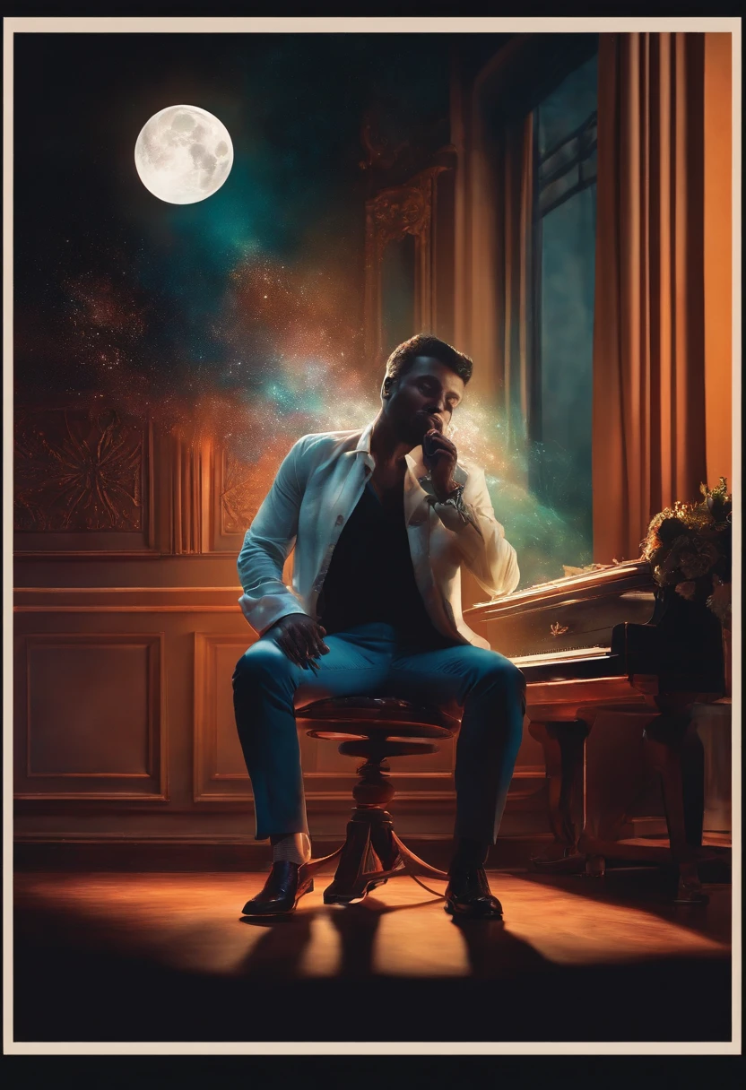 a man sitting on a chair & singing song with ghost