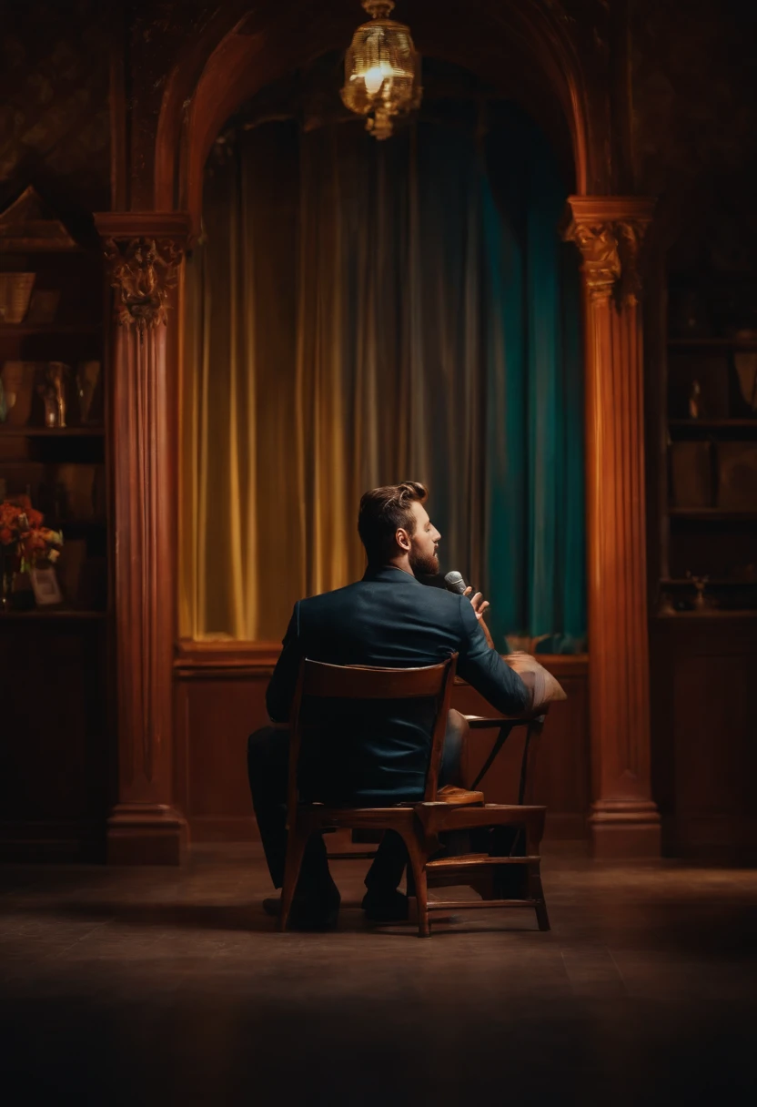 a man sitting on a chair & singing song with ghost