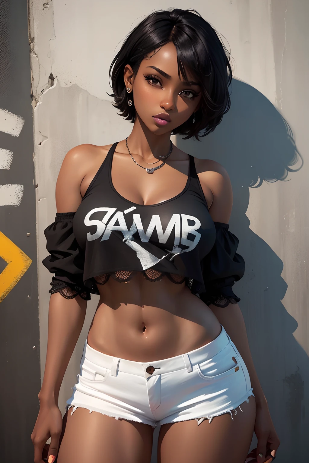 sexy black girl,short hair(Daisy Duke style),beautiful detailed eyes,beautiful detailed lips,extremely detailed eyes and face,long eyelashes,dark skin complexion,confident expression,stylish outfit,urban background,street fashion,graffiti art,highres photography,vivid colors,bokeh,studio lighting.