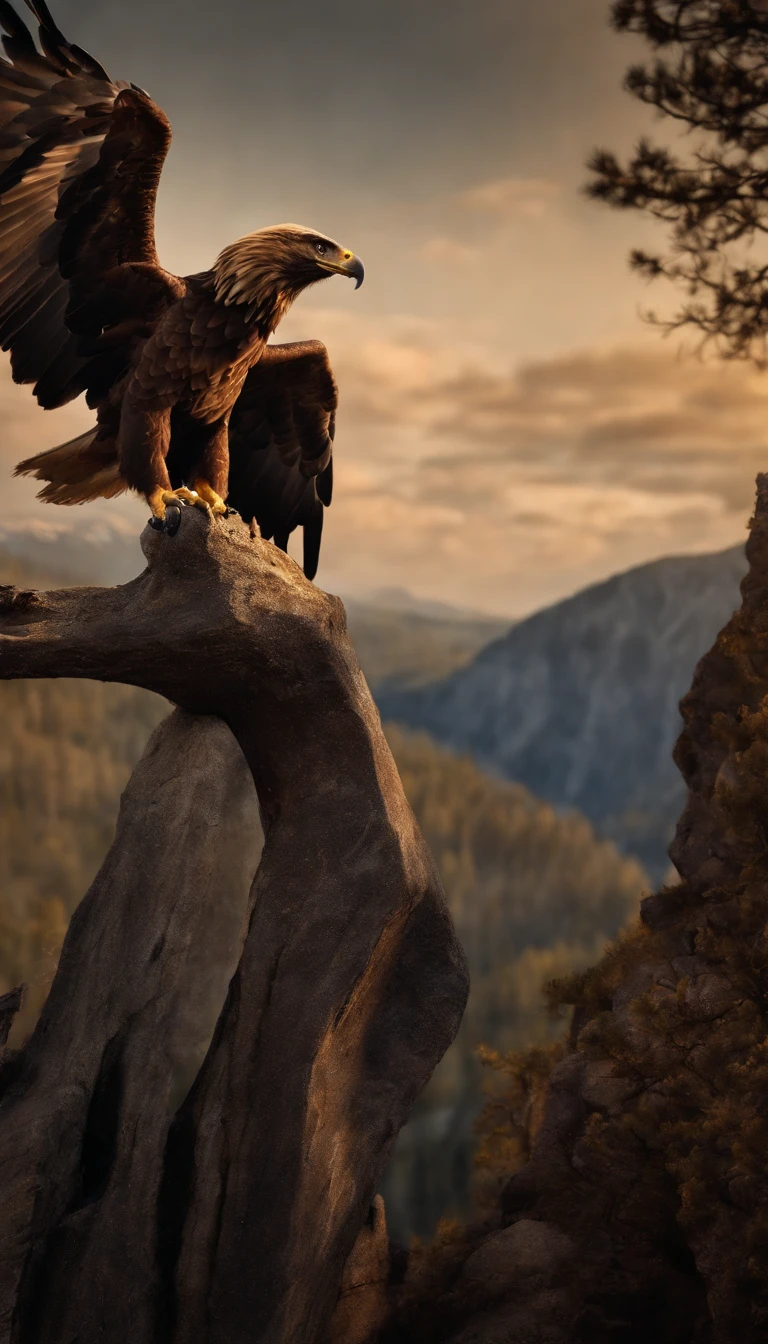Ultra realistic vista of a giant eagle holding a happy energetic with radiant eyes and eagle tattoos in its claws. Very late sunset over the dark rocky mountains.
Trending iconic masterpiece!