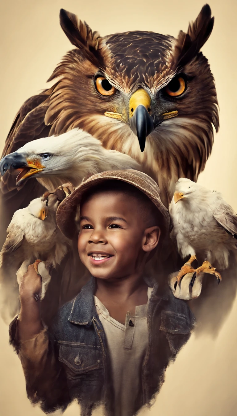 Ultra realistic vista of a giant eagle holding a happy energetic preschool boy with radiant eyes and eagle tattoos in its claws. Very late sunset over the dark rocky mountains.
Trending iconic masterpiece!