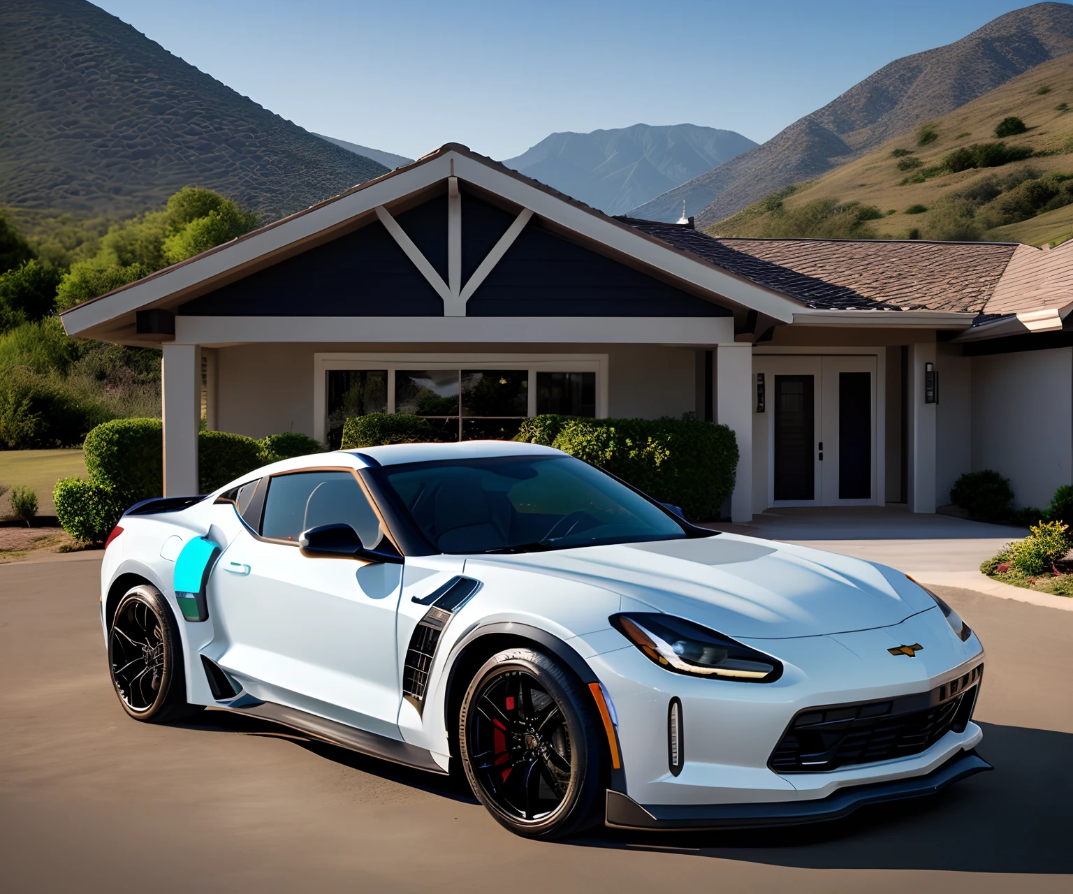 "Design a custom 2024 Chevrolet Z06 with a lowered, performance-oriented layout that exudes style and speed. Imagine sleek and aerodynamic body modifications that enhance its already iconic design. Consider adding a lowered suspension system, sporty alloy wheels, and a high-performance exhaust system to improve both aesthetics and functionality. The car is parked on the cobble stone driveway of a traditional El Salvador style home with mountains on the background. The exterior color car is grey with blue trim and matching rims. Show the complete car from front to rear."