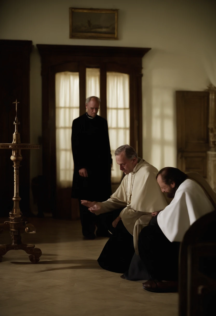 Gary Thomas el sacerdote, and two other priests, y Angela rezando de rodillas, After the exorcism is successful, en su apartamento en 2005. El estilo es hiperrealista, fotorrealista, cinematography, Hermoso UHD