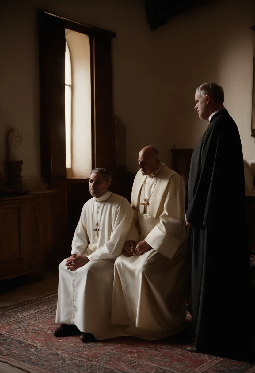 Gary Thomas el sacerdote, and two other priests, y Angela rezando de rodillas, After the exorcism is successful, en su apartamento en 2005. El estilo es hiperrealista, fotorrealista, cinematography, Hermoso UHD