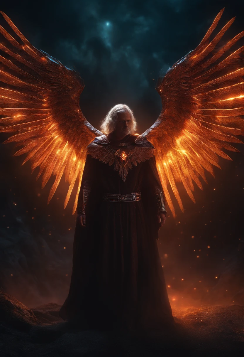 Cosmic Fallen Angel, glowing light eyes, Biomechanical, eerie, Creepy, nightmarish, Very bright colors, Light particles, with light glowing, Mshiff, wallpaper art, UHD wallpaper, anakil skywalker, 15 years, medieval clothes