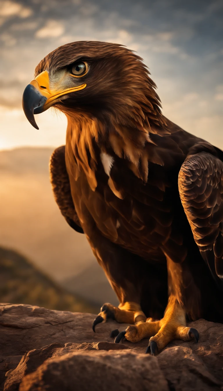 Ultra realistic vista of a giant eagle holding a happy energetic with radiant eyes and eagle tattoos in its claws. Very late sunset over the dark rocky mountains.
Trending iconic masterpiece!
