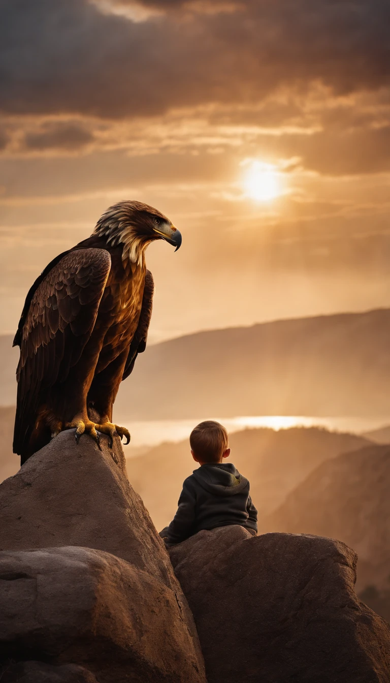 Ultra realistic vista of a giant eagle holding a happy energetic preschool boy with radiant eyes and eagle tattoos in its claws. Very late sunset over the dark rocky mountains.
Trending iconic masterpiece!