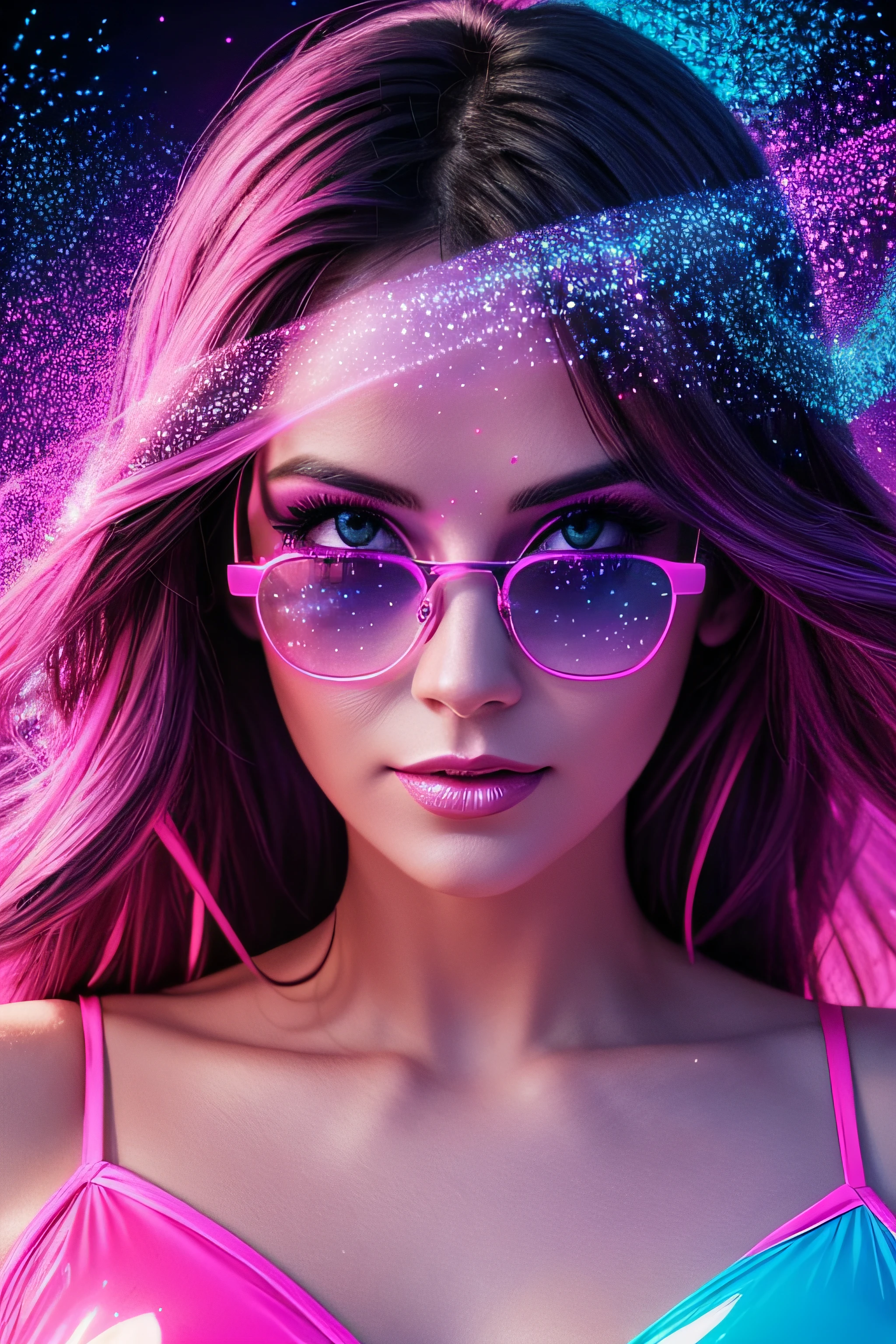 beautiful 30 years old woman's face in sunglasses with purple frames and rose-colored glass illuminated by colored lights photorealistic background bright colors Luminous neon pink and neon blue glitter dust background with pink and blue smoke vapor