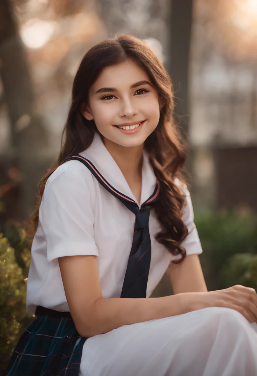 1girll,((school uniform)), Blush,Light smile, Sitting,Outdoors,