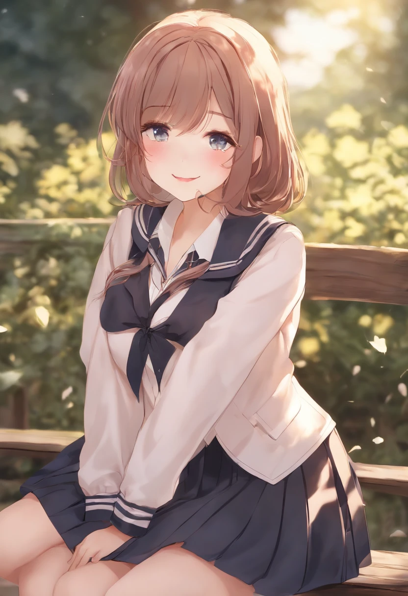 1girll,((school uniform)), Blush,Light smile, Sitting,Outdoors,