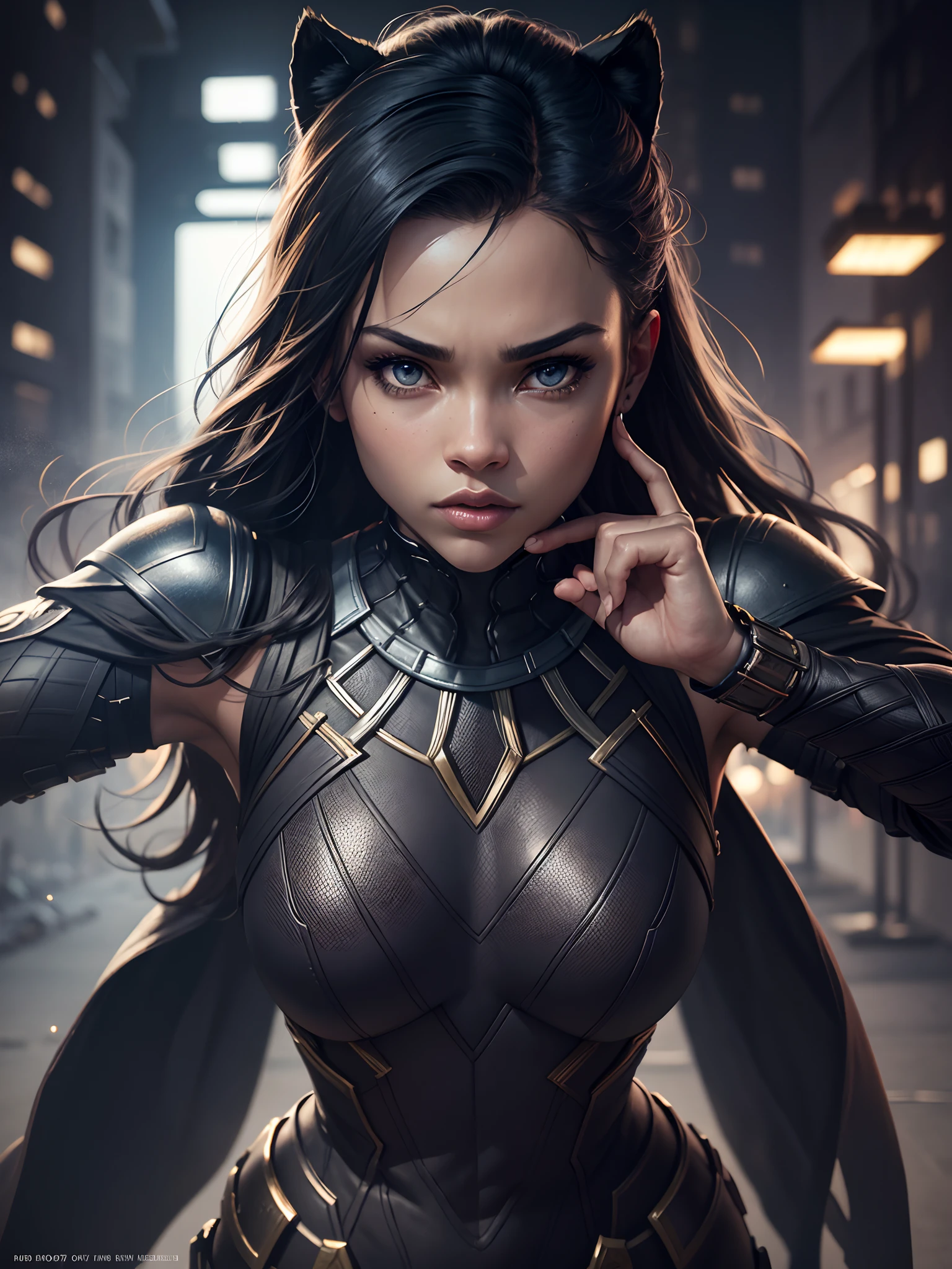 Girl 25 years old, beautiful as Black Panther 8k, high definition, Detailed face, Detailed face, Detailed eyes, detailed suit, In the style of Marvel and DC, hyper-realistic, + cinematic shot + dynamic composition, incredibly detailed, sharpen, Details + Superb details + Night Light + perfectionism + award-winning realism ((Moody Lighting)), (One:1.4 only), (Dynamic poses: 1.4), (Viewer facing:1.3), HD4