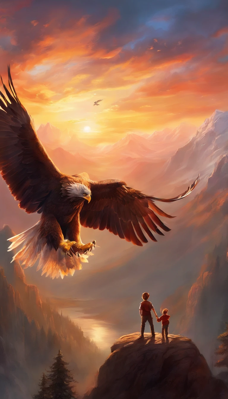 Ultra realistic vista of a giant eagle holding a happy energetic preschool boy with radiant eyes and eagle tattoos in its claws. Very late sunset over the dark rocky mountains.
Trending iconic masterpiece!