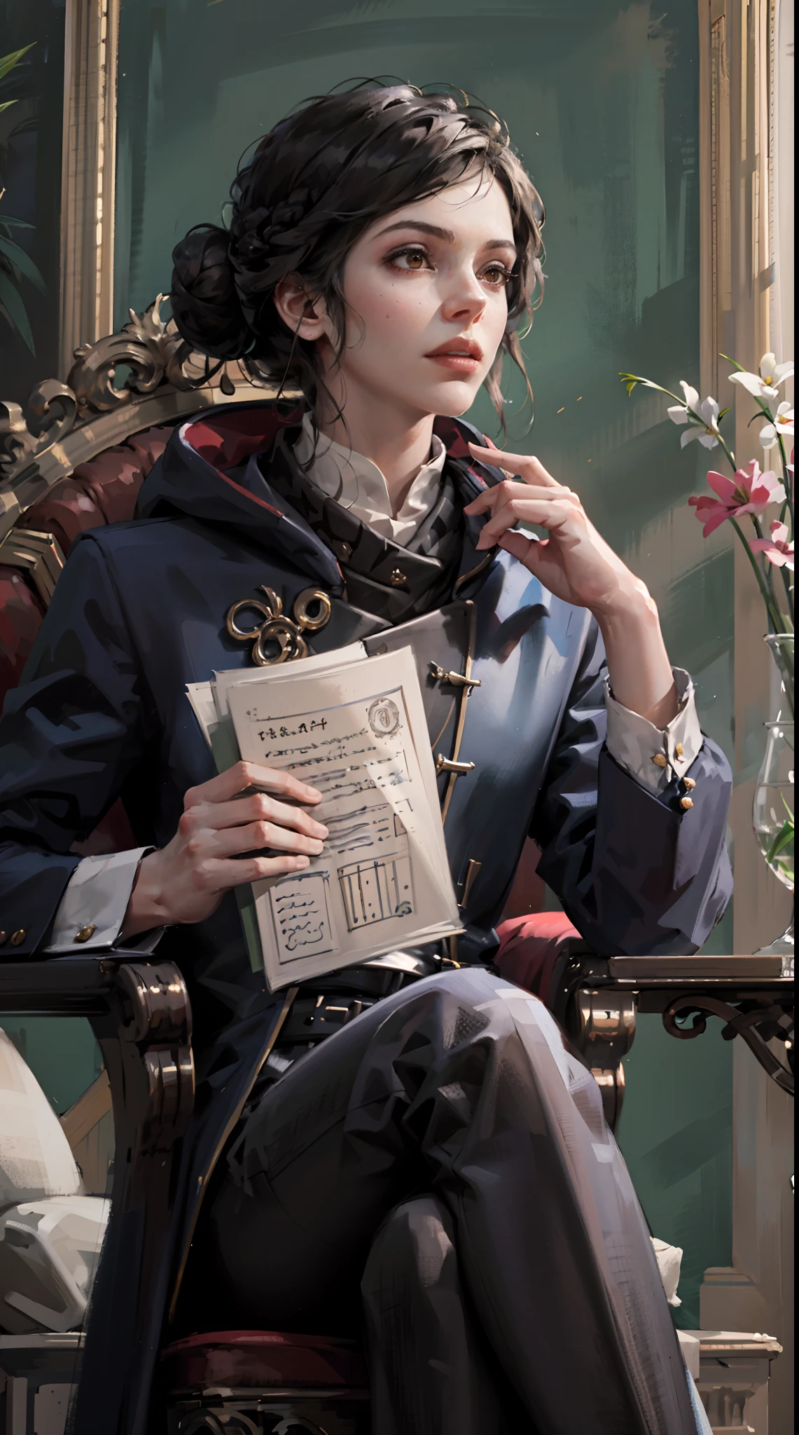 (Masterpiece: 1.2, Best Quality), Realistic, (Realistic Picture, Complex Details, Depth of Field), Best Quality, Masterpiece, Highly Detailed, Semi Realistic, 1 Girl, Mature, 21 Years Old, brunette, Hair stylized in a high bun, Long Mao left eye, brown eyes:1.5, royal clothes, red cloak, slim figure, reading document, marking document, quill pen, desk, soft stool, palace, palace, palace medieval