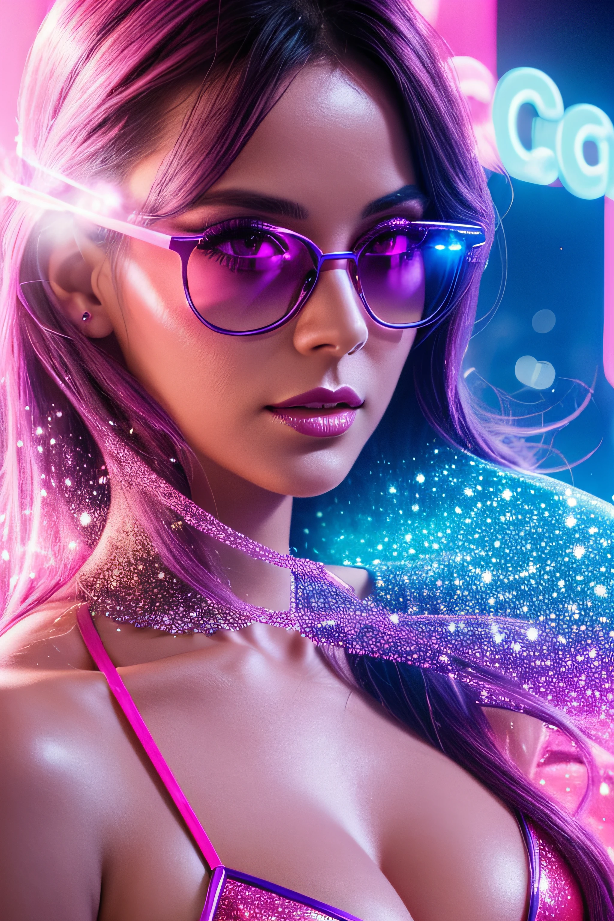 beautiful 30 years old woman's body in sunglasses with purple frames and rose-colored glass illuminated by colored lights photorealistic background bright colors Luminous neon pink and neon blue glitter dust background with pink and blue smoke vapor