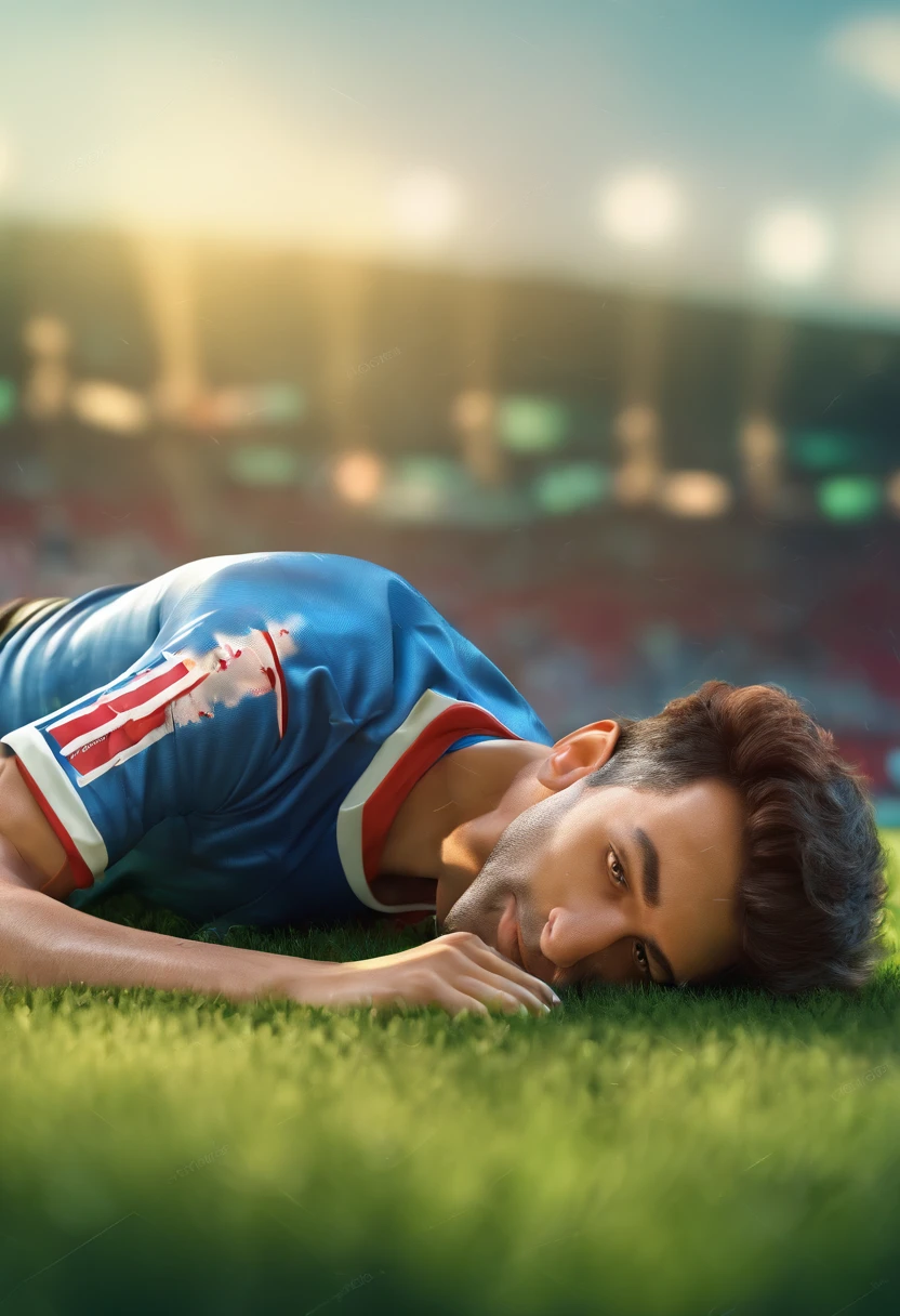 soccer player laying on the grass with tight clothes and licking its finger