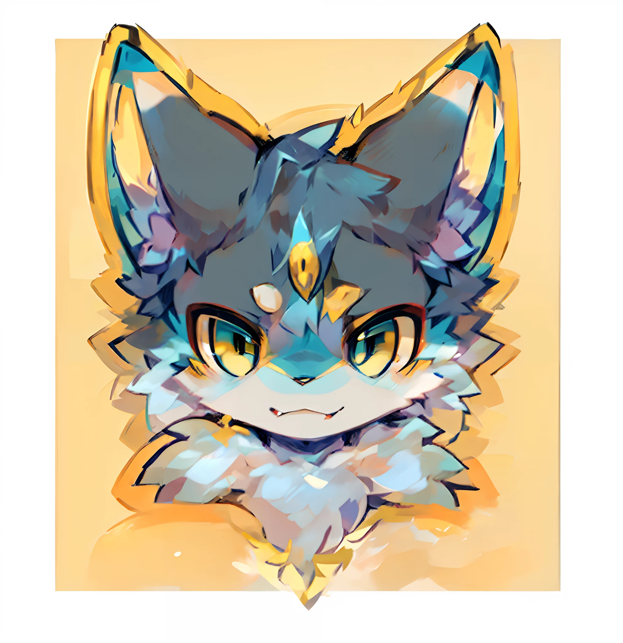 head portrait,Blue-haired little wolf,Yellow ears,Blue and yellow eyes,Be red in the face,adolable