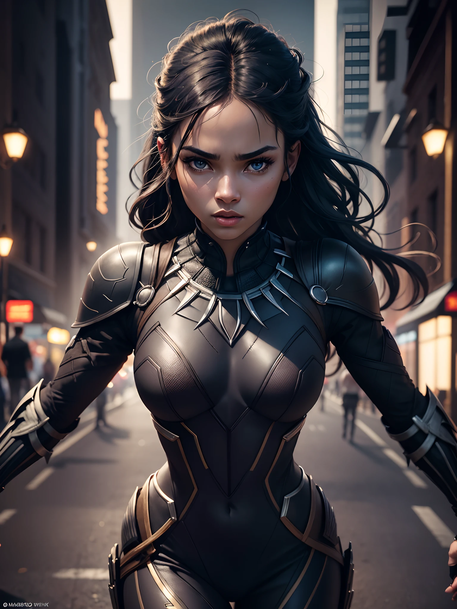 Girl 25 years old, beautiful as Black Panther 8k, high definition, Detailed face, Detailed face, Detailed eyes, detailed suit, In the style of Marvel and DC, hyper-realistic, + cinematic shot + dynamic composition, incredibly detailed, sharpen, Details + Superb details + Night Light + perfectionism + award-winning realism ((Moody Lighting)), (One:1.4 only), (Viewer facing:1.3), HD4