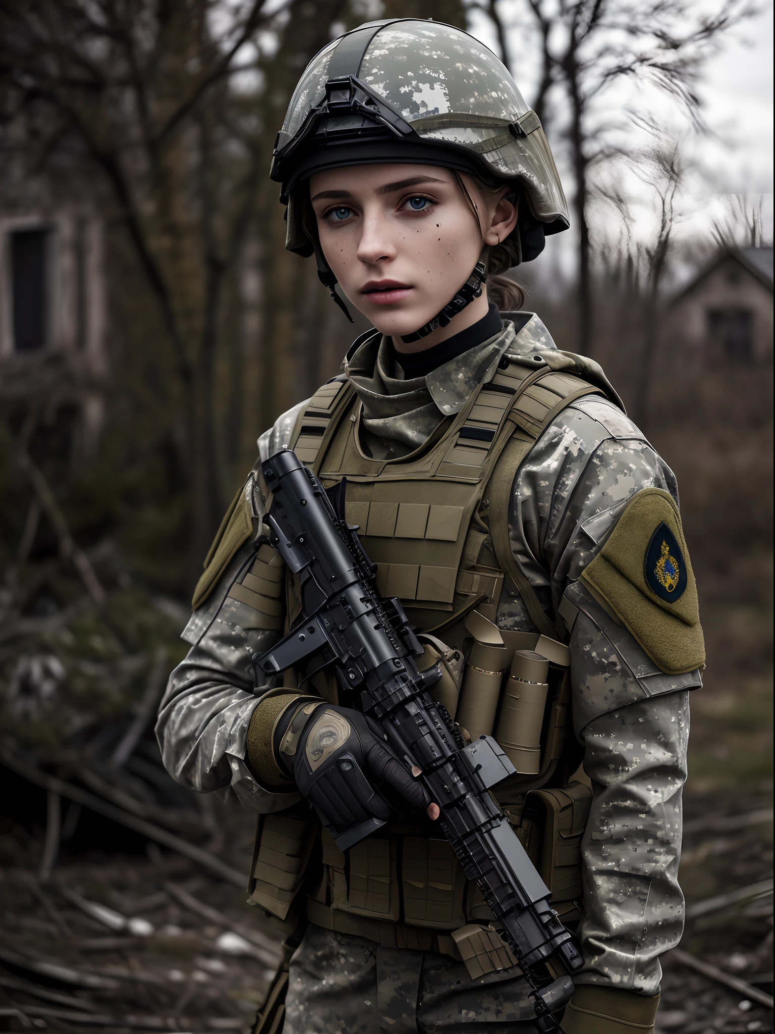 tmasterpiece, Ultra Detailed, 8K, RAW photo, Realistic light, cinematic  composition, realistic face, Realistic skin, (woman from Ukraine), (Torn and dirty military tactical camouflage), body armor, Cute sexy, perfect anatomy, war, Cinematic lighting, A ruined village, nightfall