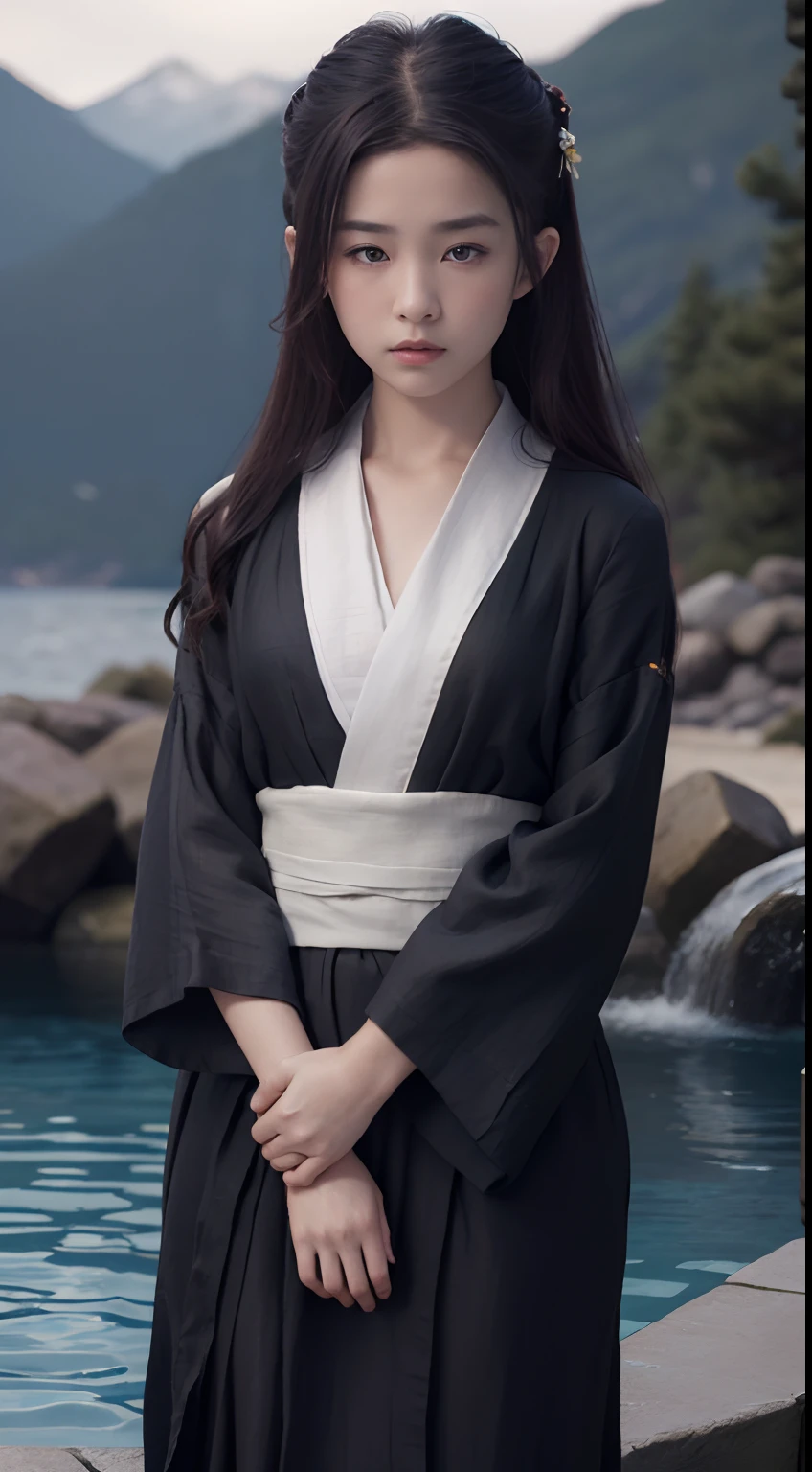 ((Best quality, 8K, Masterpiece :1.3)), Sharp focus:1.2 , Photorealsitic,(Cinematic lighting),Facial detail texture. Eye details. Double eyelids, Slender body. Super small breasts, -yeld gi photo-realistic:1.37,Perfect eyes, ((1 Girl in a solid black yukata)),(white sash),(Thick fabric),((Ragged linen)),With a petite figure,brunette color hair,Long hair draped loosely,Qi bangs,Stand in a cold pool,Full body like,Clothing covers the whole body,folds,((solid color backdrop)),is shy,Be red in the face