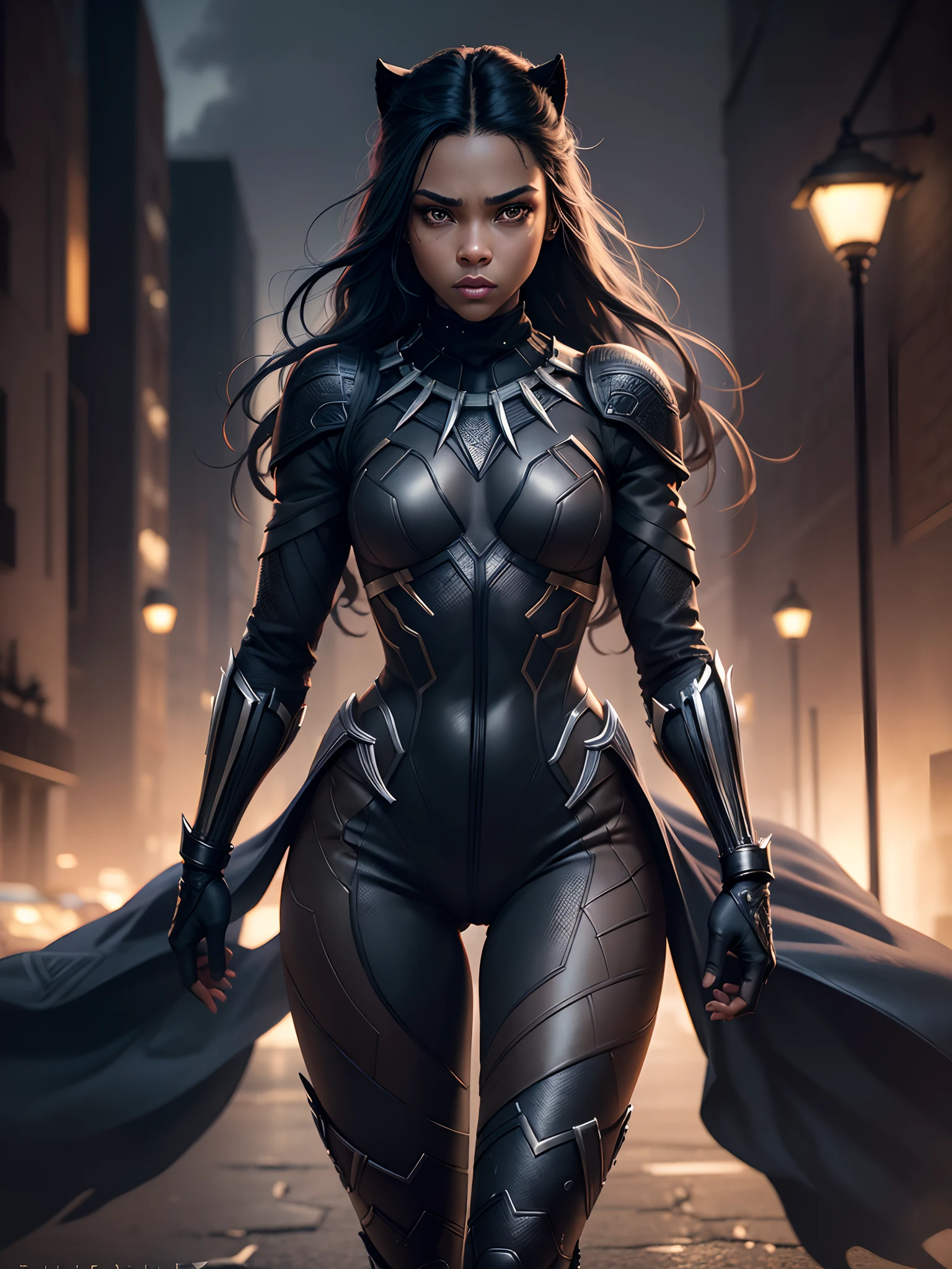 Girl 25 years old, beautiful as Black Panther 8k, high definition, Detailed face, Detailed face, Detailed eyes, detailed suit, In the style of Marvel and DC, hyper-realistic, + cinematic shot + dynamic composition, incredibly detailed, sharpen, Details + Superb details + Night Light + perfectionism + award-winning realism ((Moody Lighting))