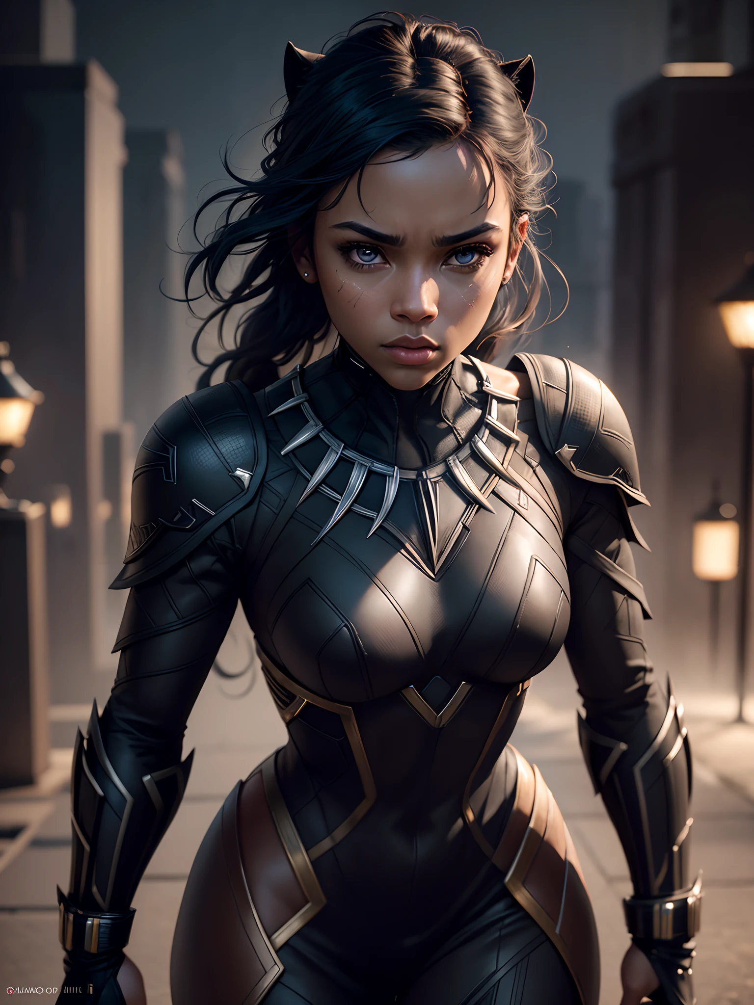 Girl 25 years old, beautiful as Black Panther 8k, high definition, Detailed face, Detailed face, Detailed eyes, detailed suit, In the style of Marvel and DC, hyper-realistic, + cinematic shot + dynamic composition, incredibly detailed, sharpen, Details + Superb details + Night Light + perfectionism + award-winning realism ((Moody Lighting))