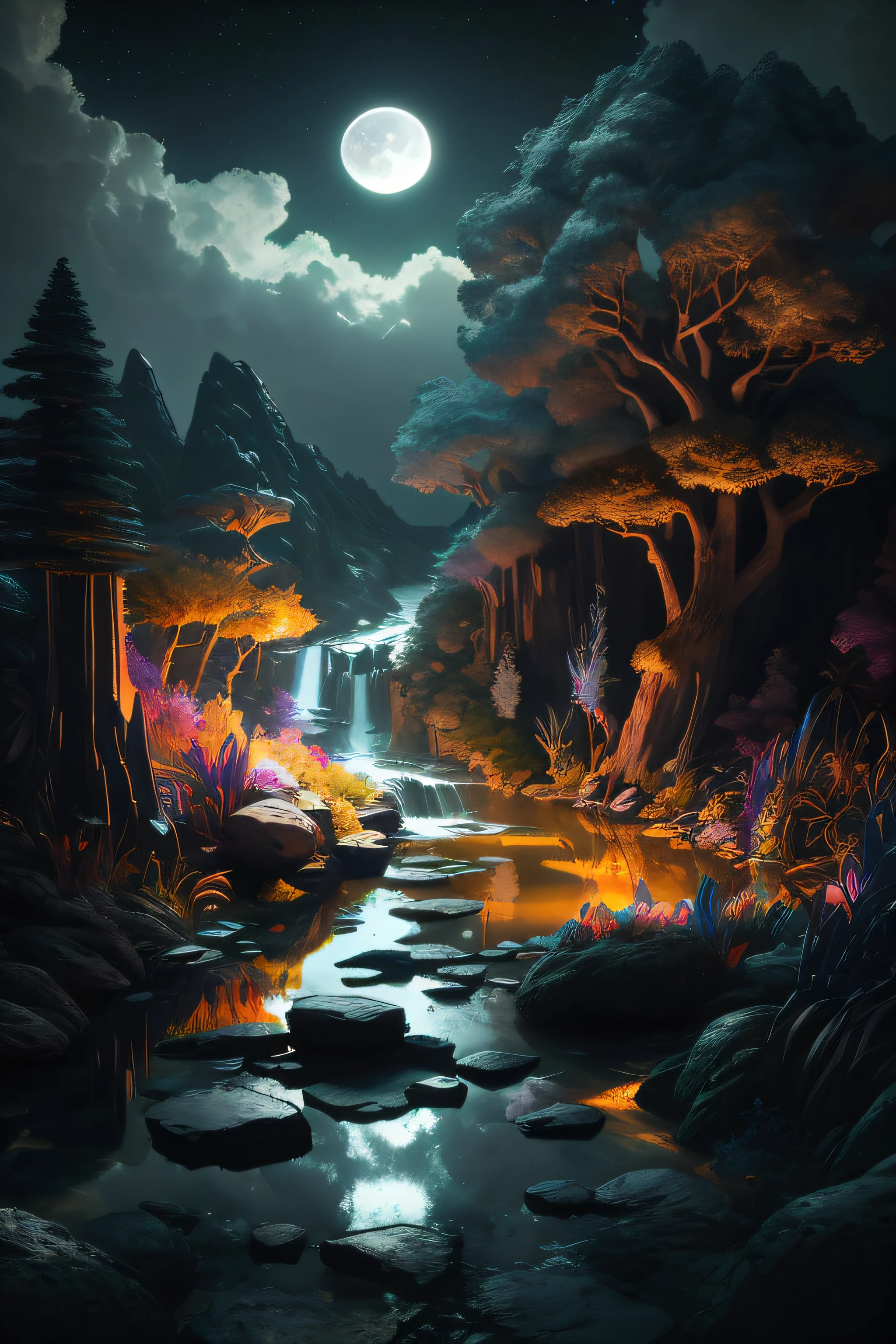 (low contrast), color fantasy style masterpiece, best quality, high quality, extremely detailed CG Unity 8k wallpaper, landscape, (full moon: 1.2), night, outdoor, starry sky, clouds, sky, no man, mountain, landscape, water, tree, polar day, waterfall, cliff, nature, lake, river, cloudy sky, award winning photography, bokeh, depth of field, HDR, flood, chromatic aberration, photorealistic real, very detailed, art station trend, CG social trend, complex, high detail, dramatic, halfway art